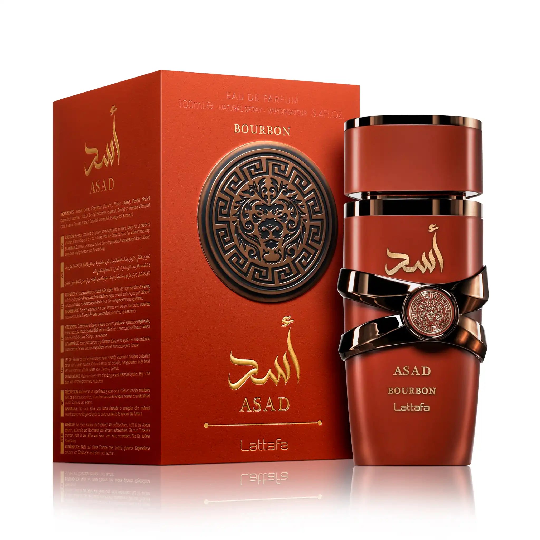 Frasco y caja de Asad Bourbon Lattafa Eau de Parfum Para Hombre