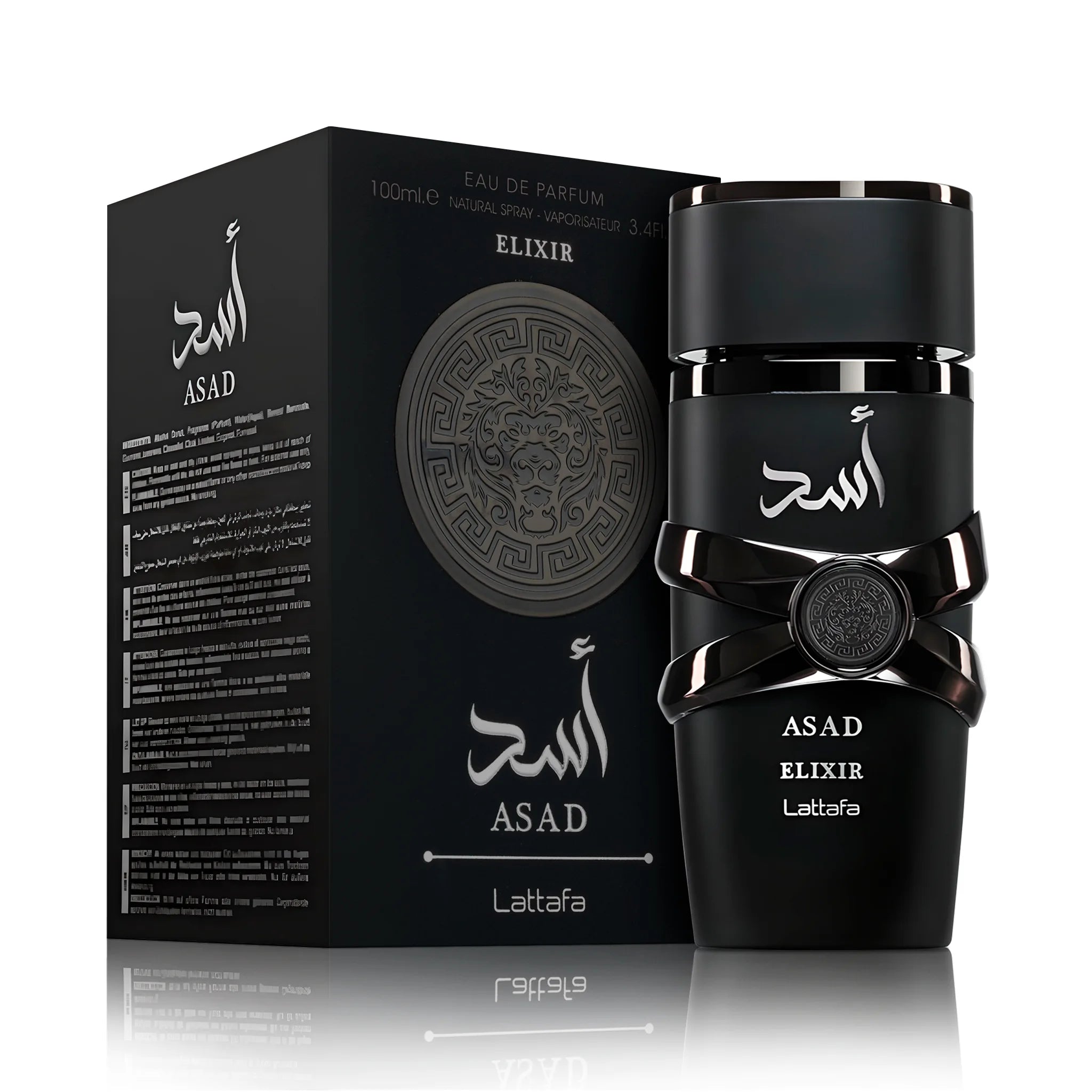 Botella y caja del Asad Elixir Lattafa Eau de Parfum Para Hombre
