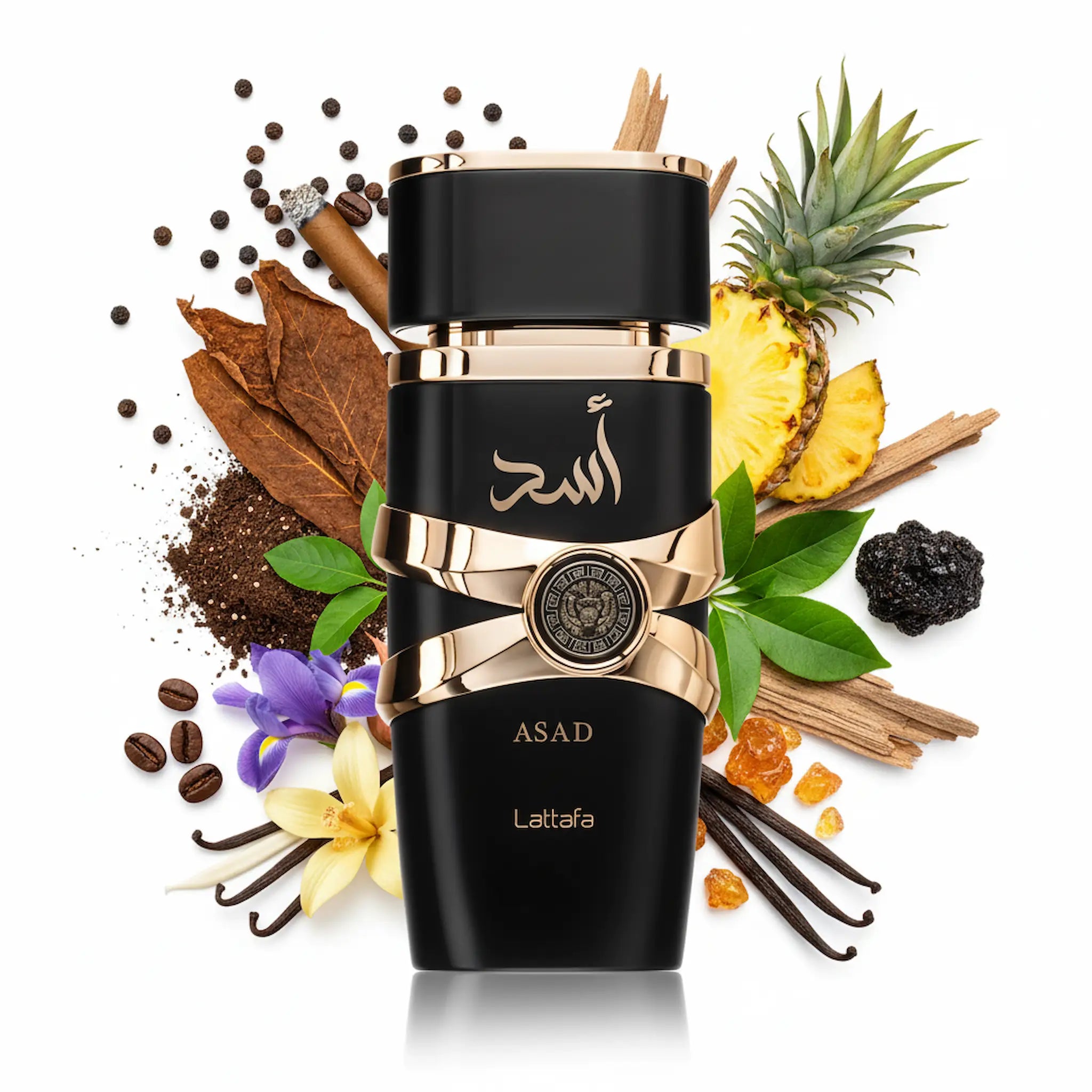 Asad_Lattafa_Eau_de_Parfum_Para_Hombre_Con_Fondo_Pimienta_Piña_Tabaco