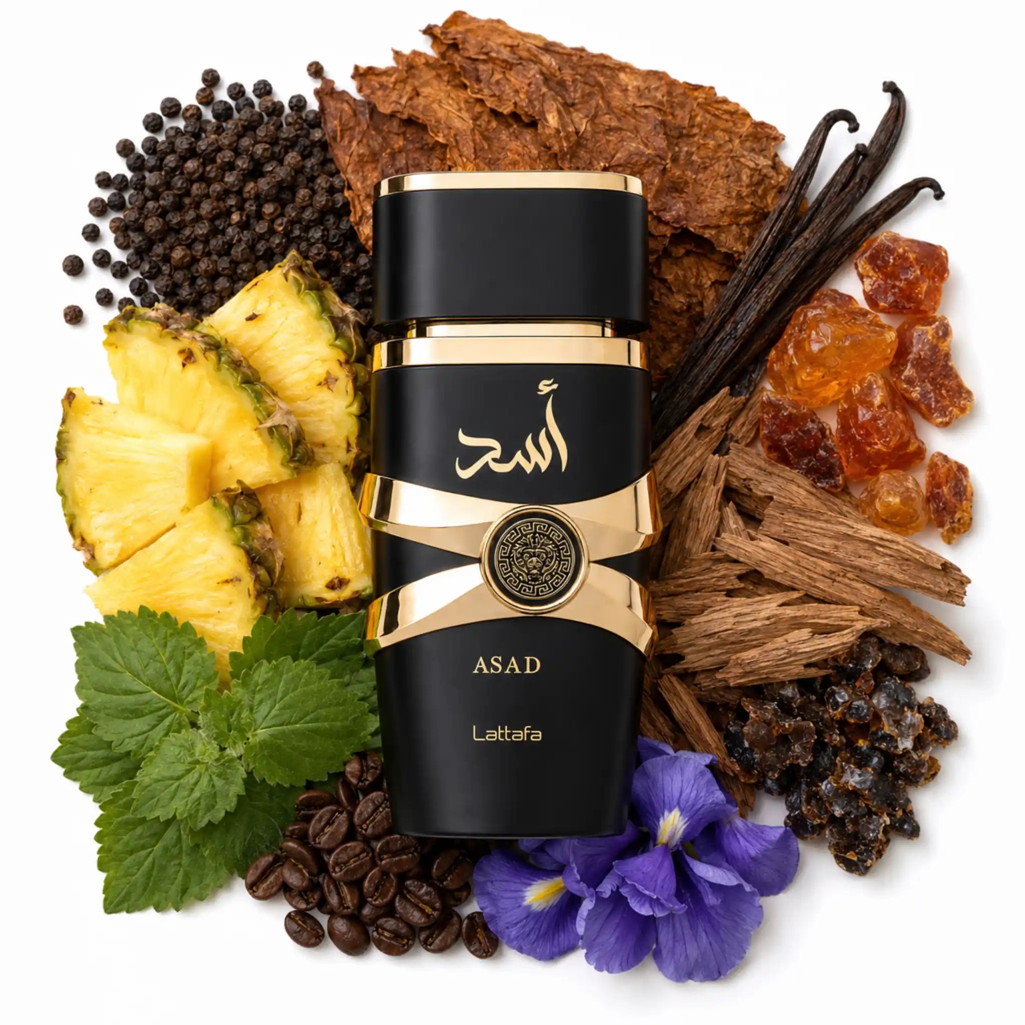 Asad Lattafa Eau de Parfum Para Hombre con fondo de ingredientes