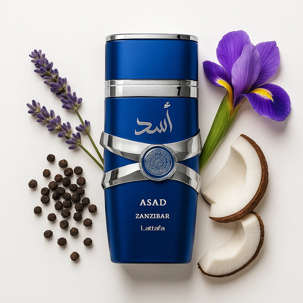 Asad_Zanzibar_Lattafa_Eau_de_Parfum_Para_Hombre_con_fondo_de_ingredientes_coco_iris_pimienta