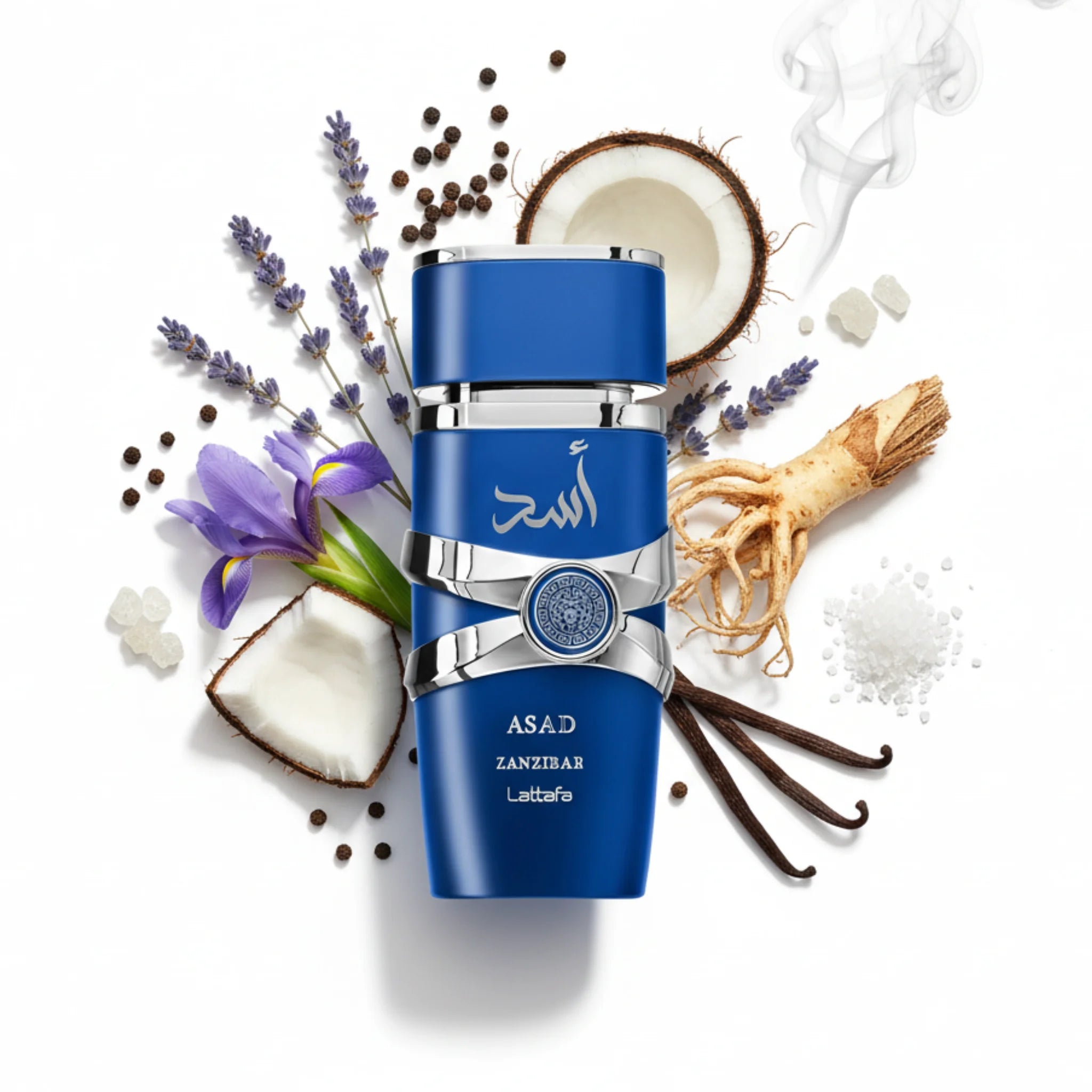 Asad_Zanzibar_Lattafa_Eau_de_Parfum_Para_Hombre_con_fondo_de_ingredientes_coco_iris_pimienta
