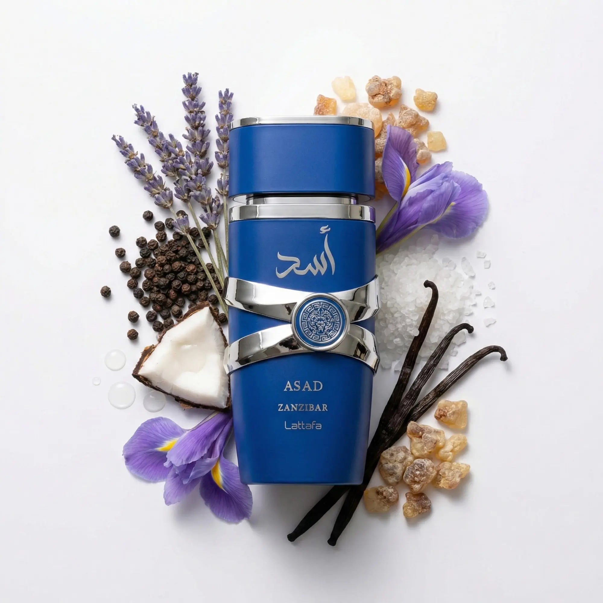 Asad_Zanzibar_Lattafa_Eau_de_Parfum_Para_Hombre_con_fondo_de_ingredientes_coco_iris_pimienta