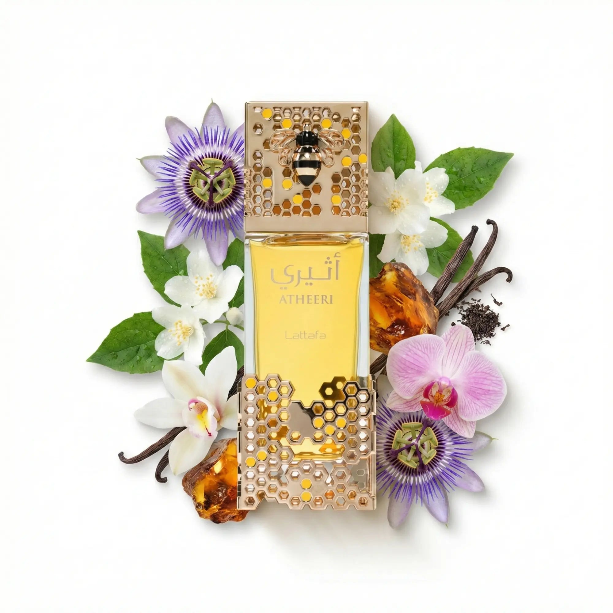 Atheeri Lattafa Eau de Parfum Para Mujer con fondo e ingredientes