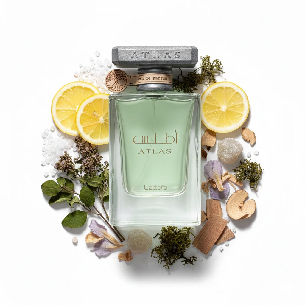 Atlas Lattafa Eau de Parfum Unisex con fondo de ingredientes