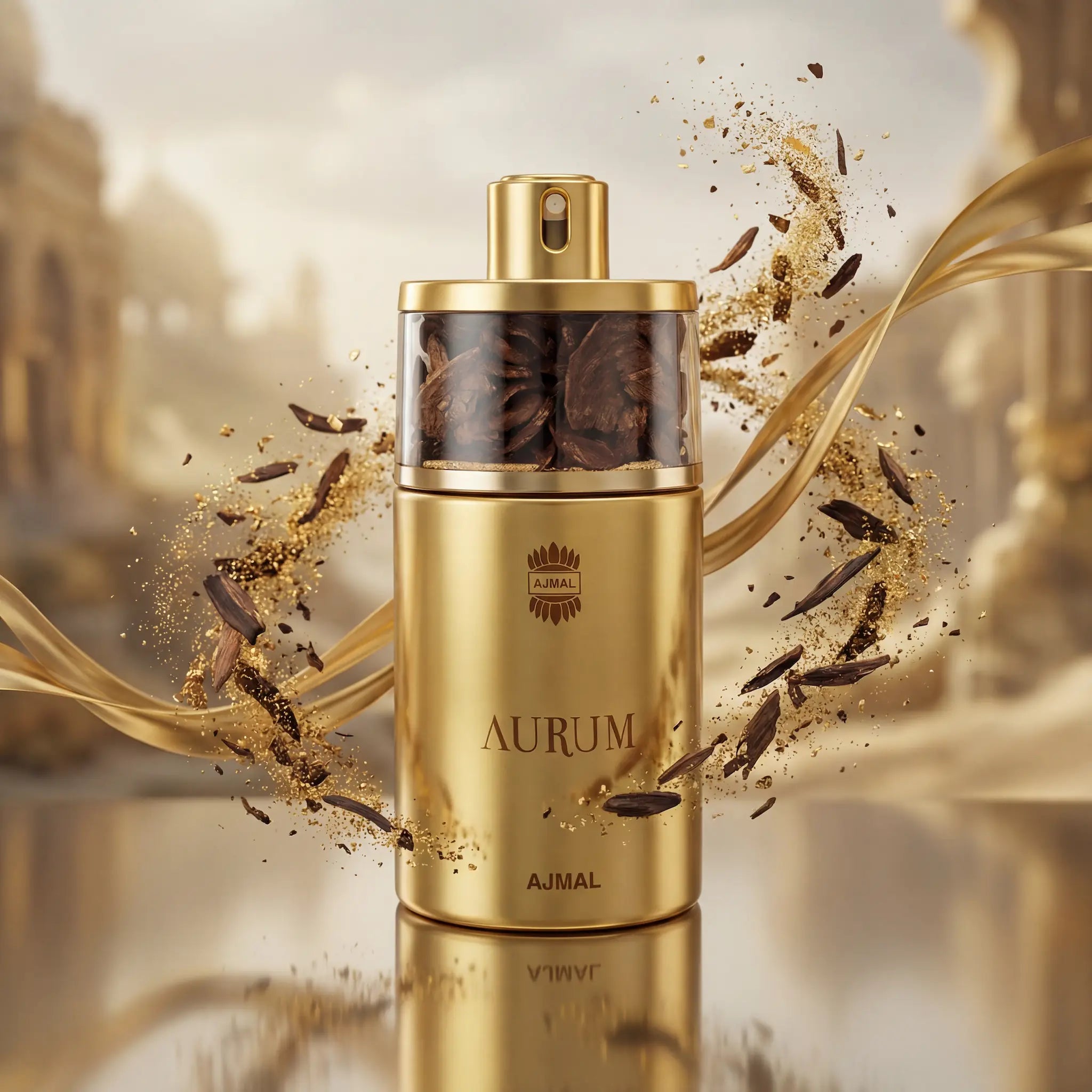 Aurum Ajmal Eau de Parfum Para Mujer con fondo creativo pérsico