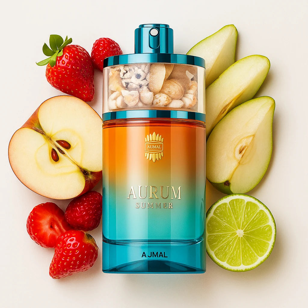 Aurum_Summer_Ajmal_Eau_de_Parfum_Para_Mujer_Fondo_Blanco_Frutas_Pera_Manzana_Bergamota