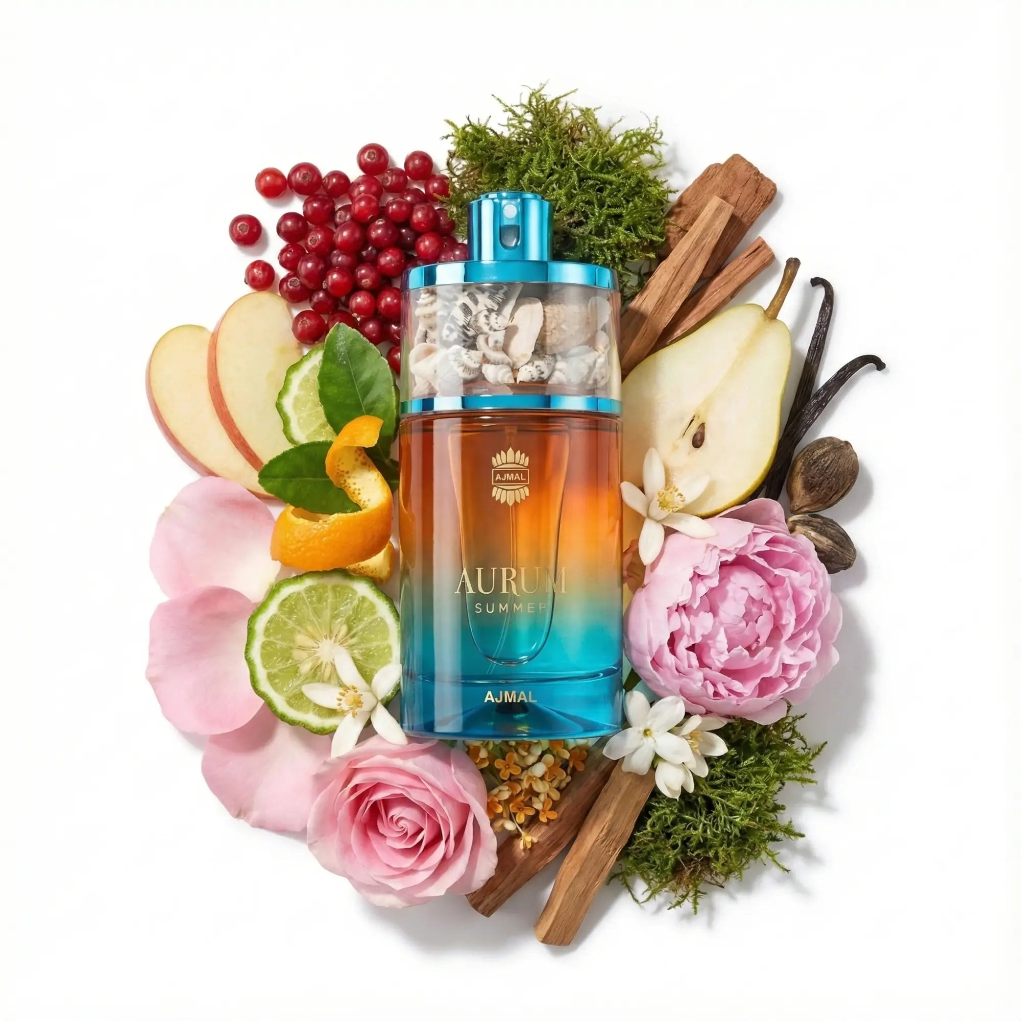 Aurum_Summer_Ajmal_Eau_de_Parfum_Para_Mujer_Fondo_Blanco_Frutas_Pera_Manzana_Bergamota