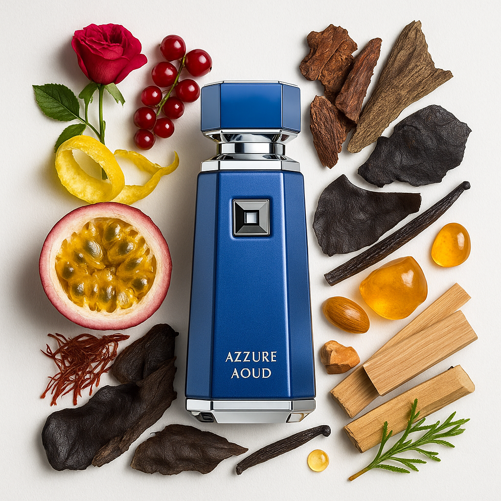 Azzure Oud French Avenue Eau de Parfum Para Hombre con fondo de ingredientes