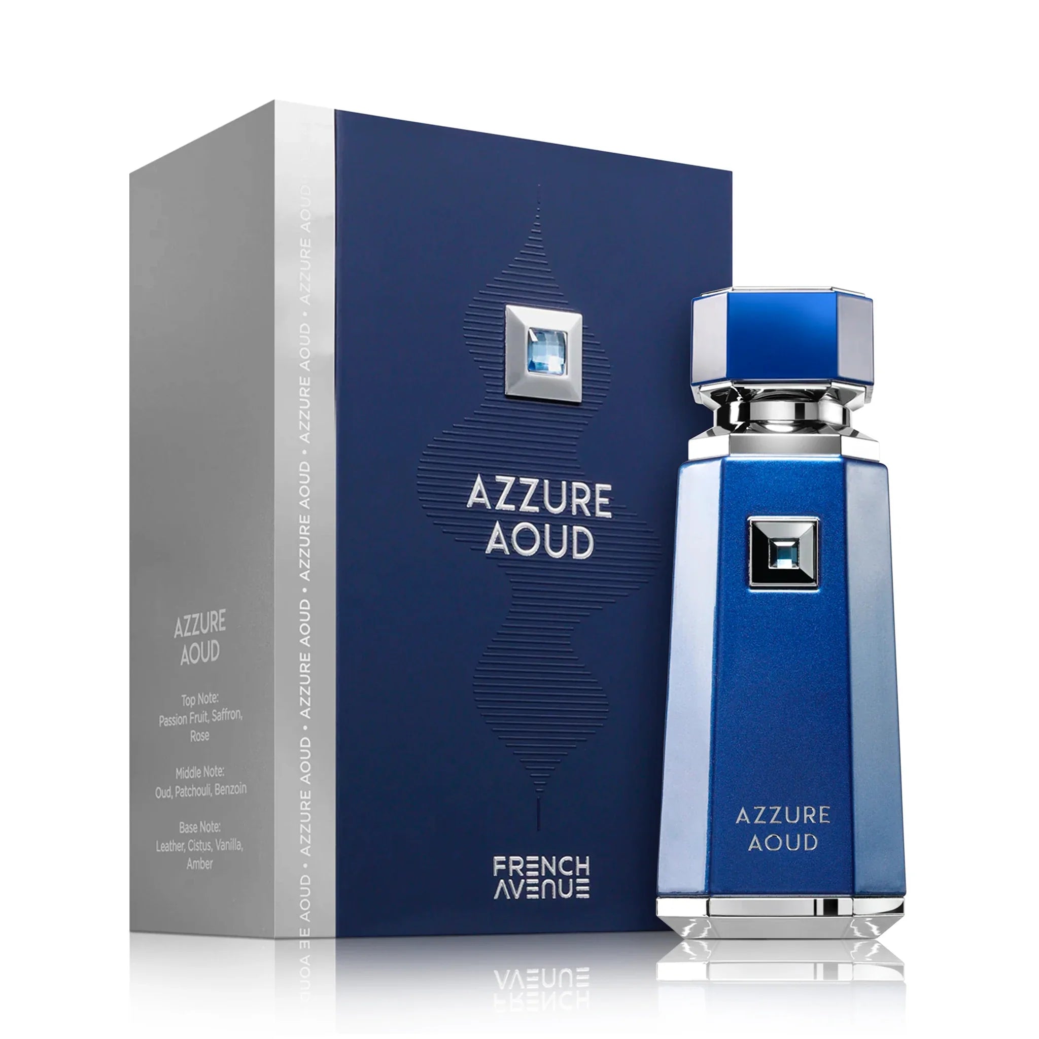 Frasco y caja de Azzure Oud French Avenue Eau de Parfum Para Hombre