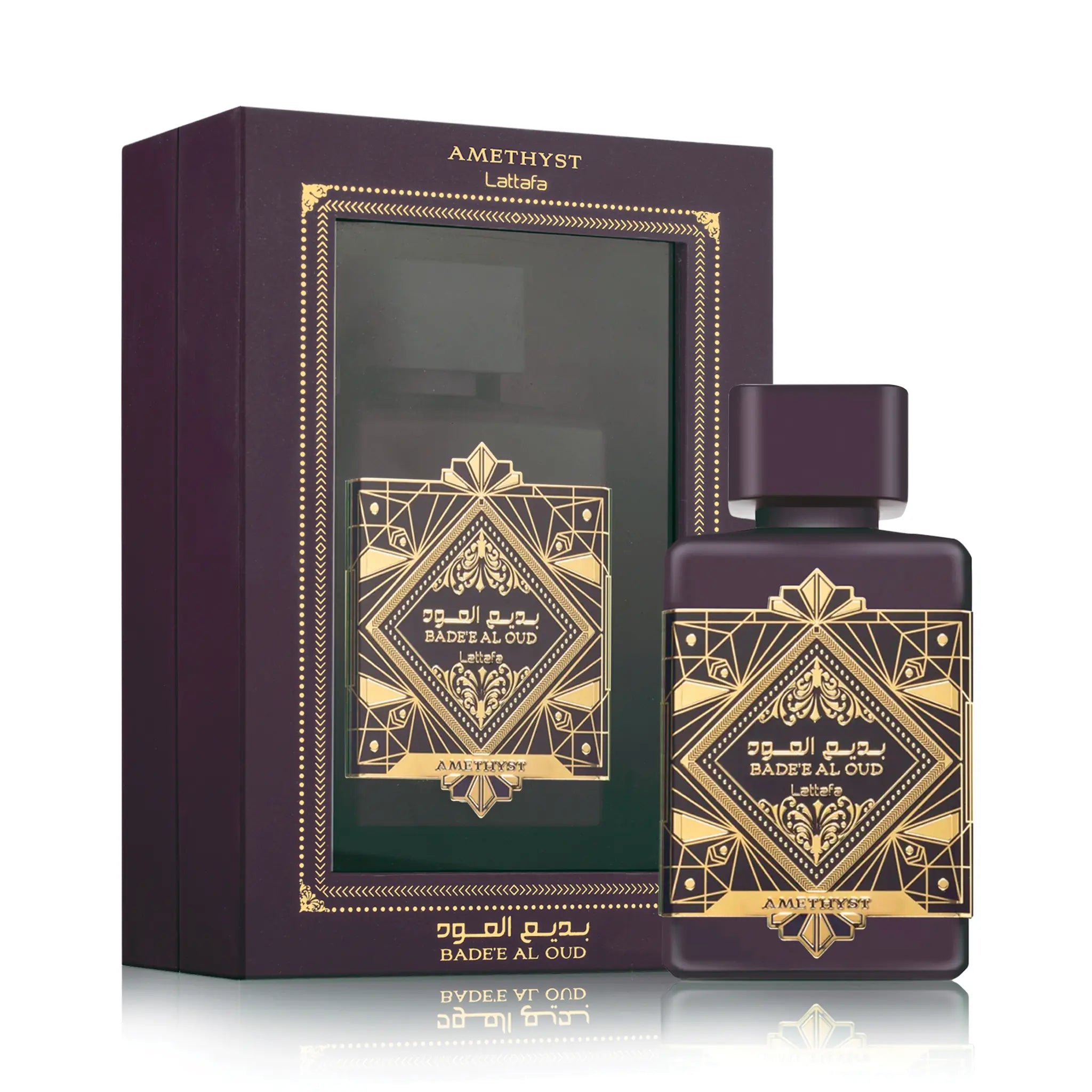 Frasco y caja de Bade'e Al Oud Amethyst Lattafa Eau de Parfum Unisex