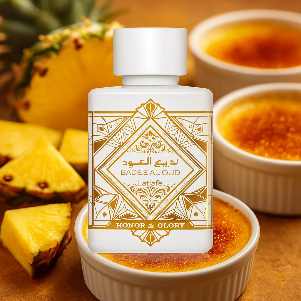 Bade'e Al Oud Honor & Glory Lattafa Eau de Parfum Unisex con fondo de piña
