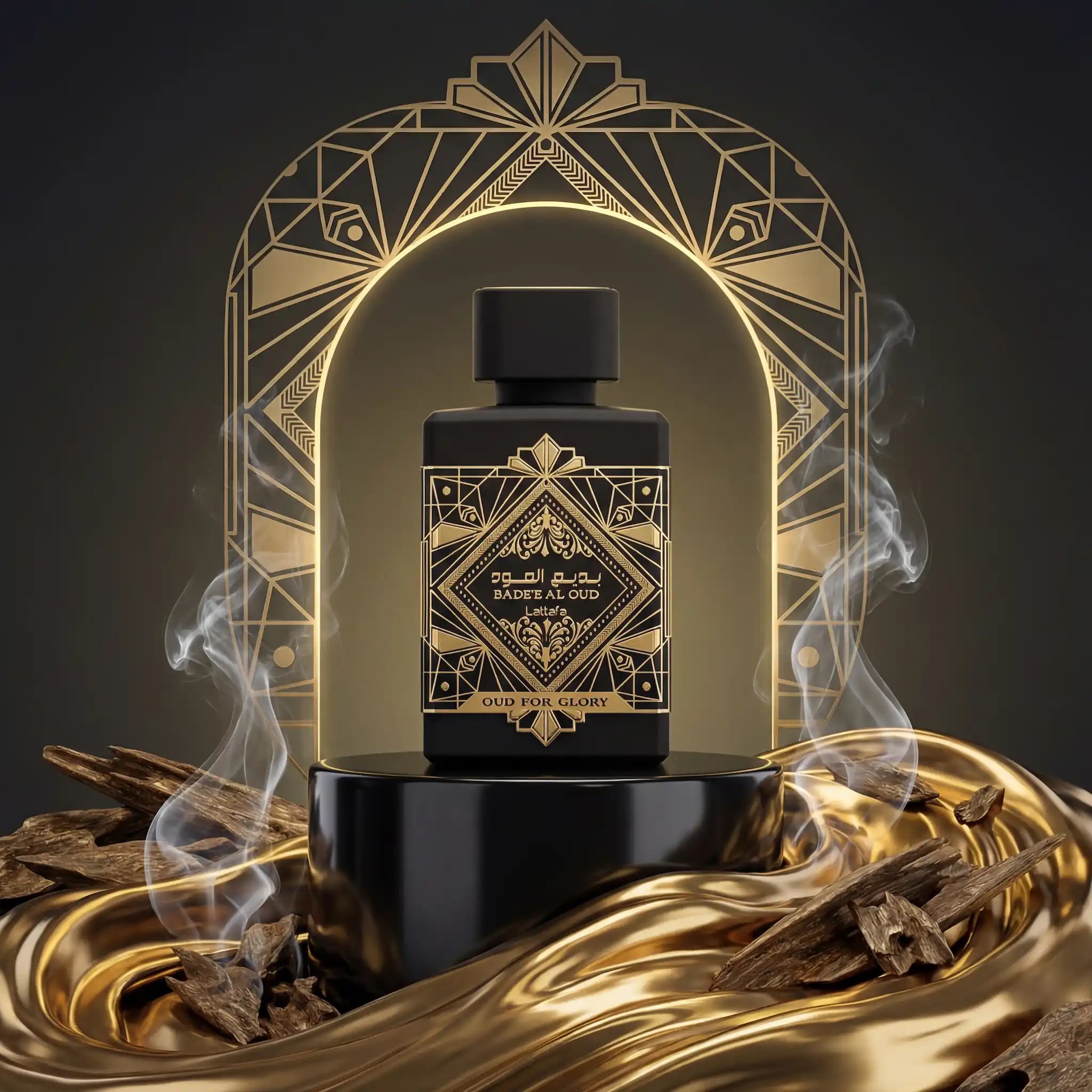 Bade'e Al Oud Oud for Glory Lattafa Eau de Parfum Unisex con fondo creativo espiritual