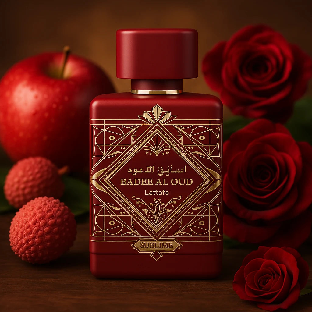 Bade'e Al Oud Sublime Lattafa Eau de Parfum Unisex con fondo de flores