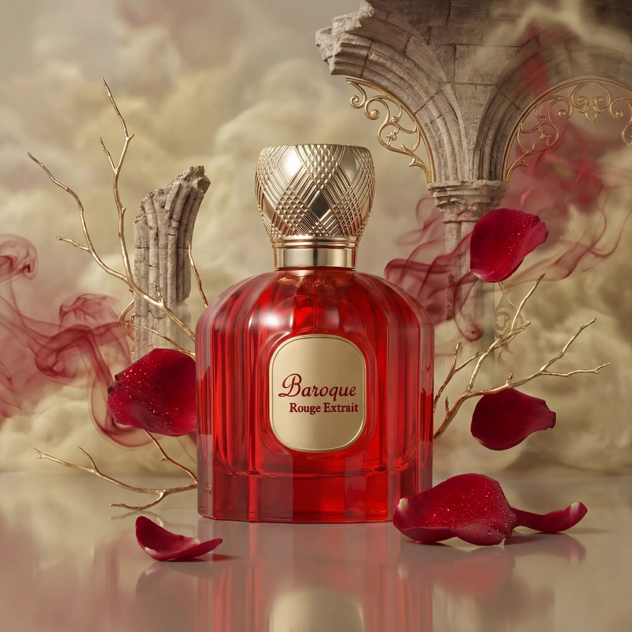 Baroque Rouge Extrait Maison Alhambra Eau de Parfum Unisex con fondo creativo de rosas y estructuras