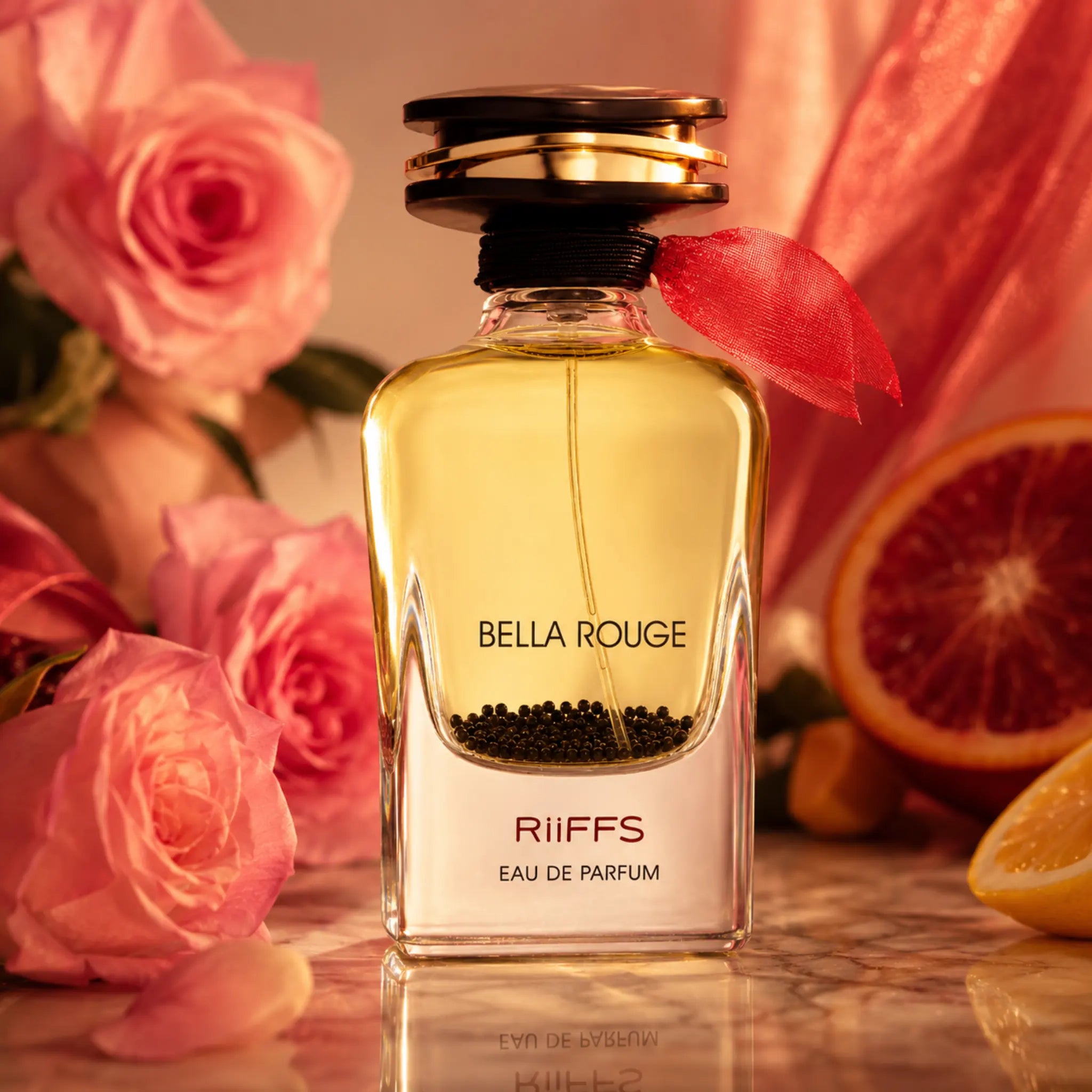 Bella Rouge Riiffs Eau de Parfum con fondo creativo
