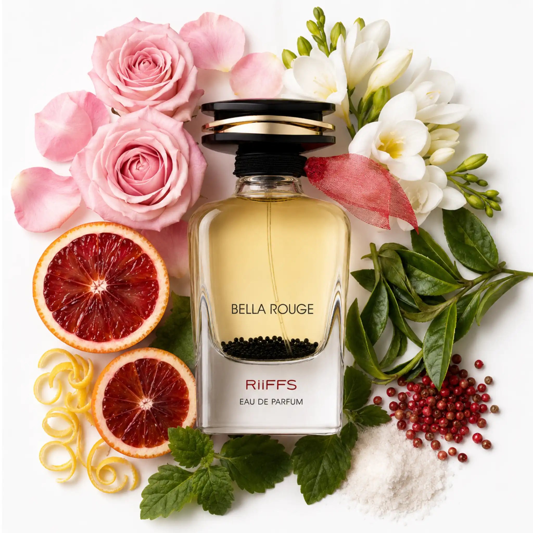 Bella Rouge Riiffs Eau de Parfum con fondo de ingredientes