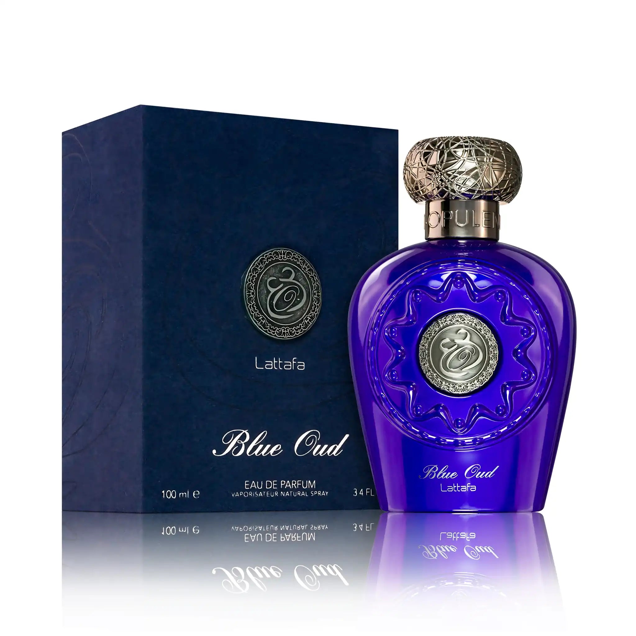 Frasco y caja de Blue Oud Lattafa Eau de Parfum Unisex