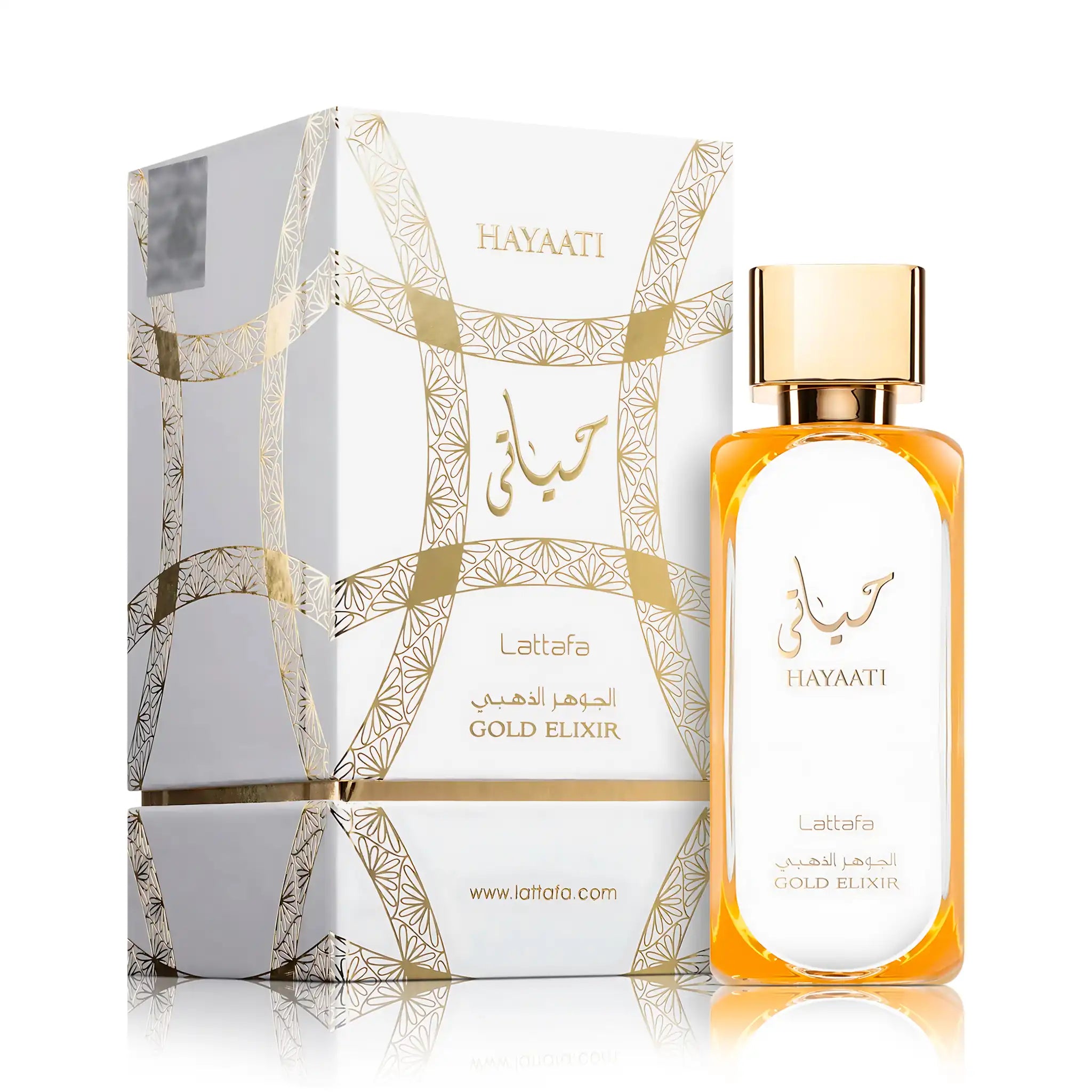 Frasco y caja de Hayaati Gold Elixir Lattafa Eau de Parfum Unisex