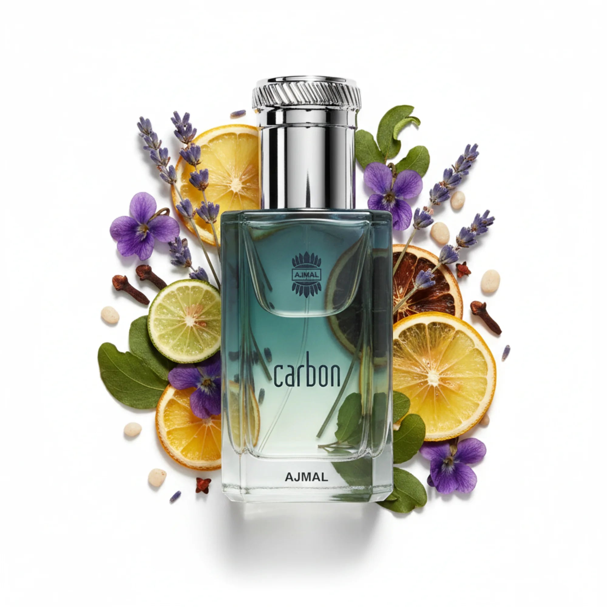Carbon_Ajmal_Eau_de_Parfum_Para_Hombre_Fondo_Blanco_Clavos_Violeta