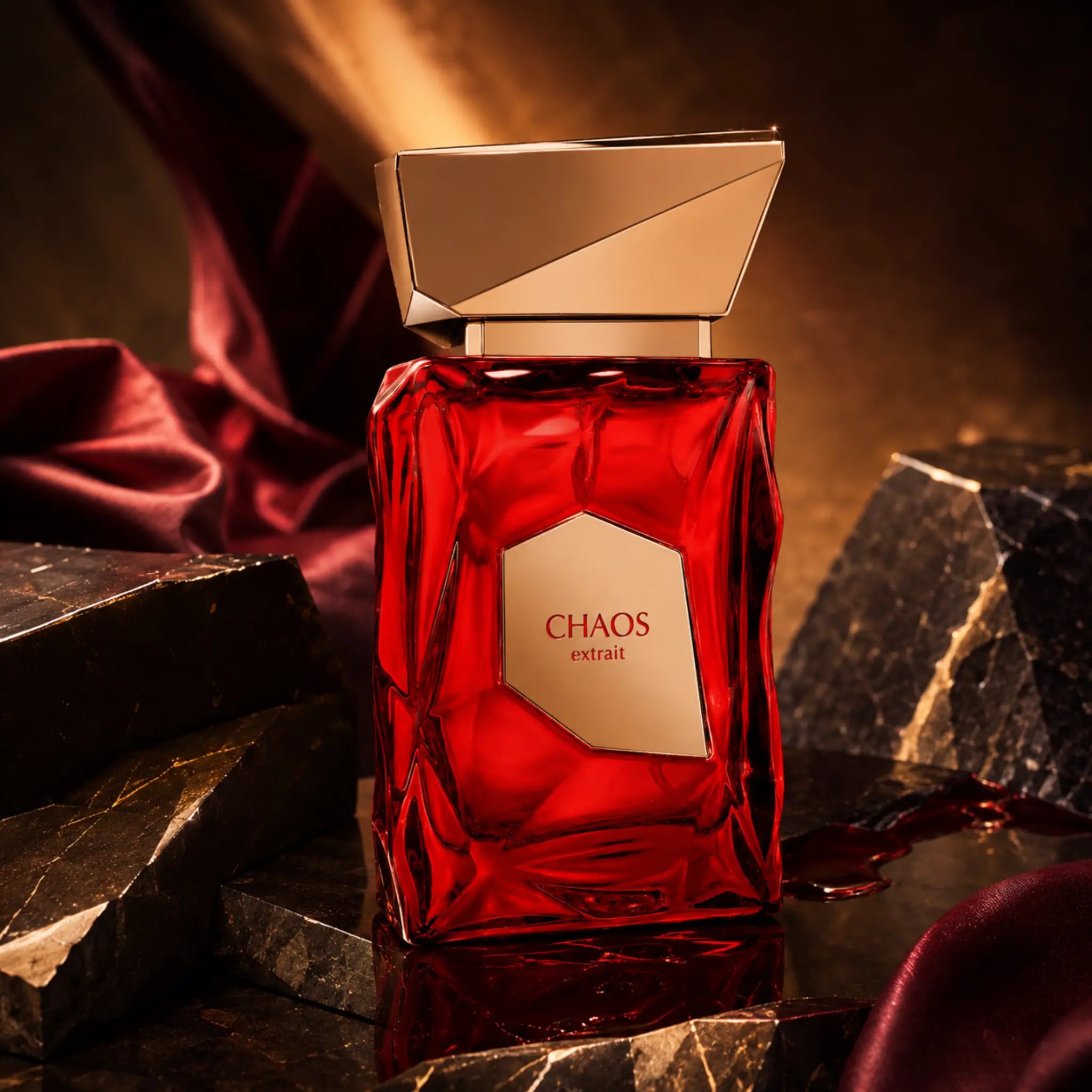Chaos French Avenue Extrait de Parfum con fondo de piedras negras y rojas