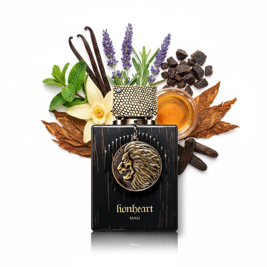 Club De Nuit Lionheart Man Armaf Eau de Parfum Para Hombre con fondo de ingredientes