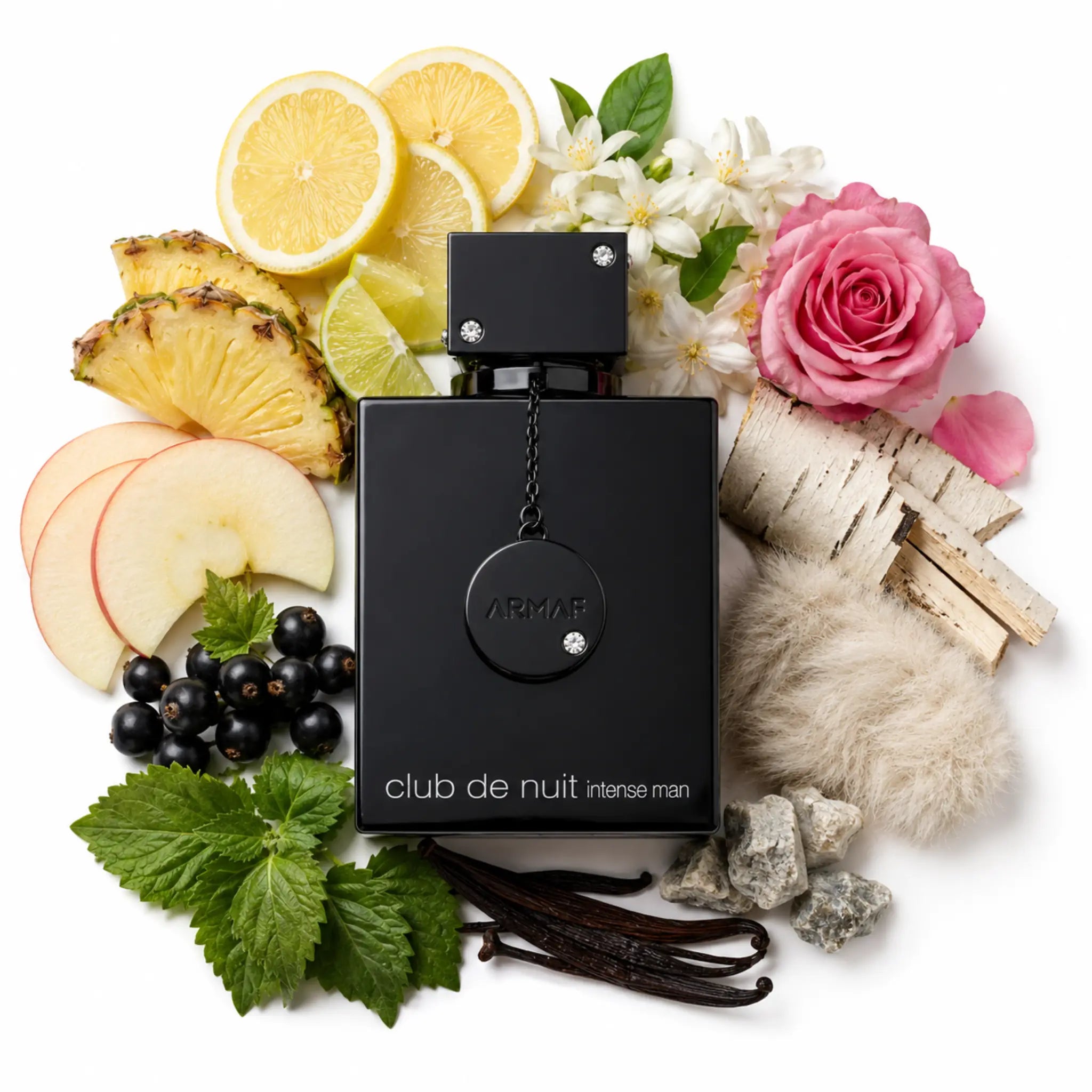 Club de Nuit Intense Man Armaf Eau de Toilette Para Hombre con fondo de ingredientes