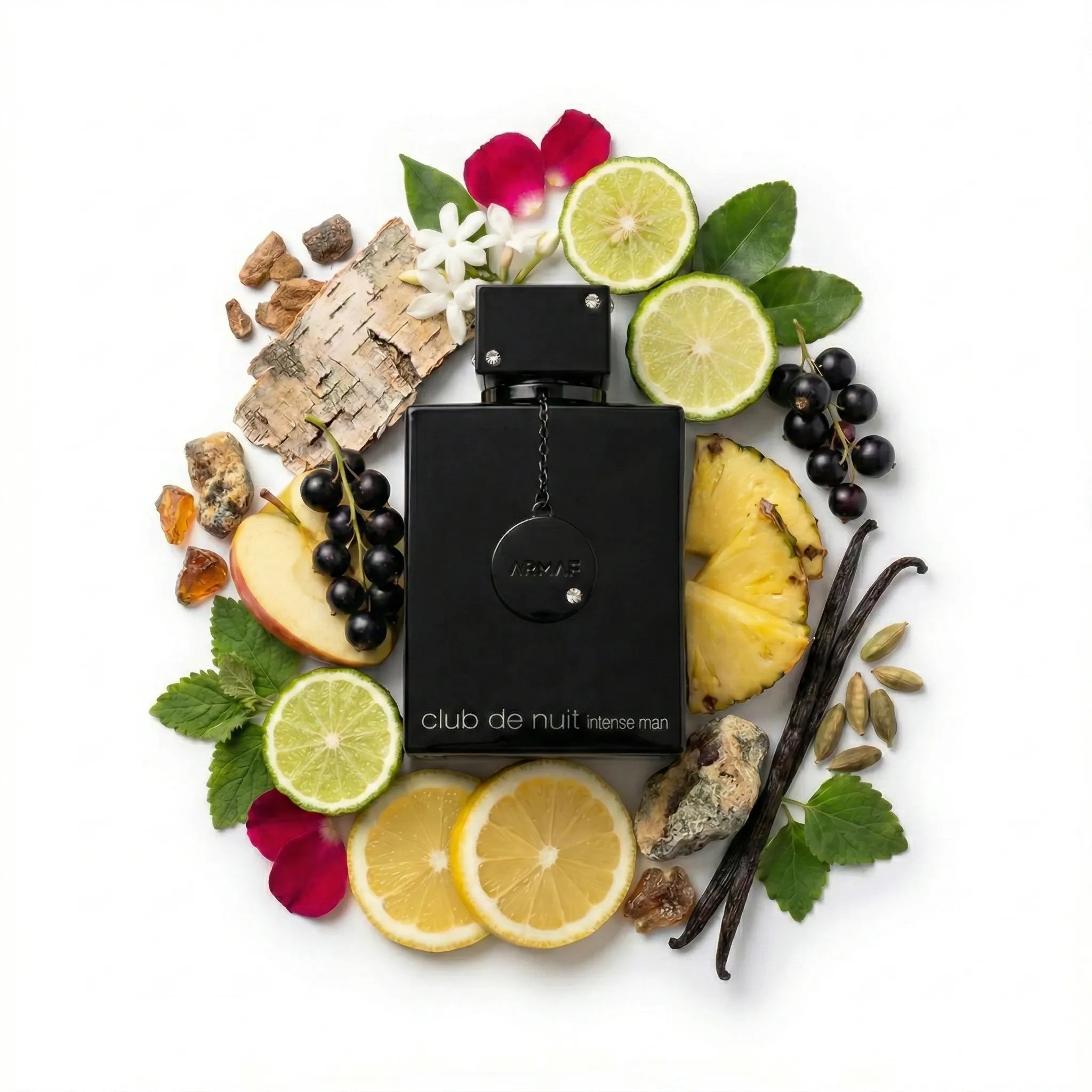 Club de Nuit Intense Man Armaf Eau de Toilette Para Hombre con fondo de ingredientes