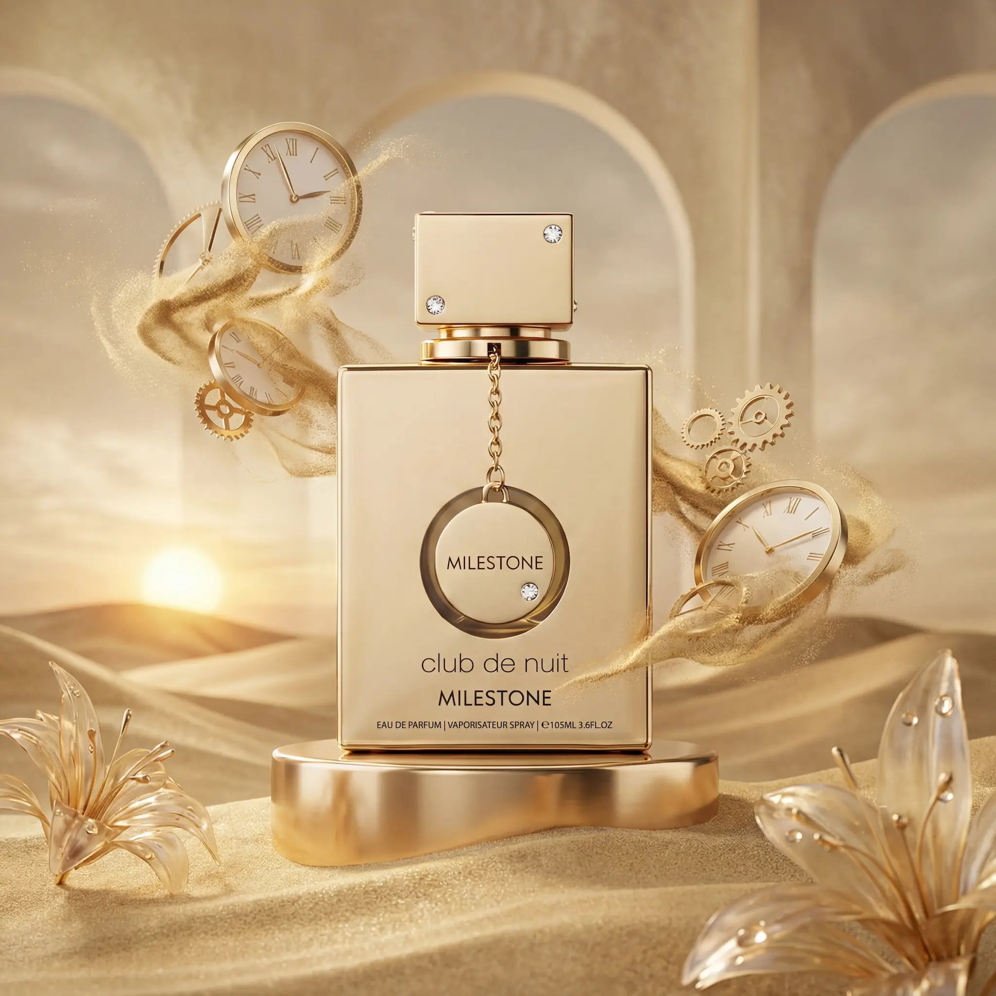 Club de Nuit Milestone Armaf Eau de Parfum Unisex con fondo creativo desertico