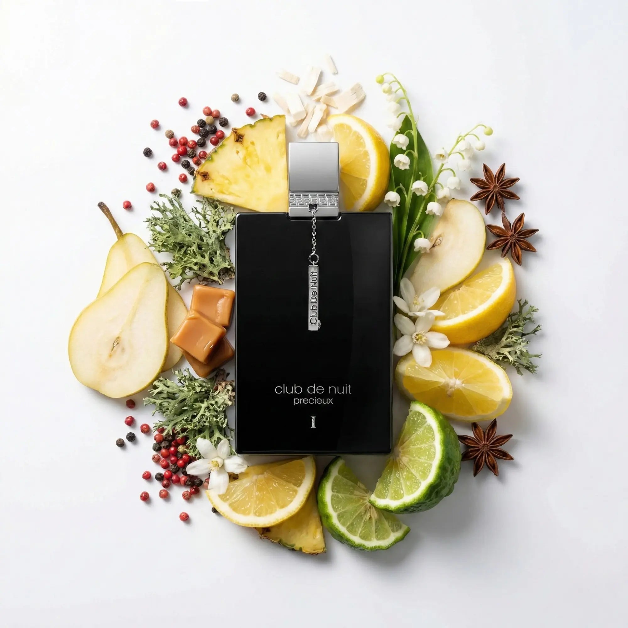 Club de Nuit Precieux Armaf Extrait de Parfum Para Hombre con fondo de ingredientes