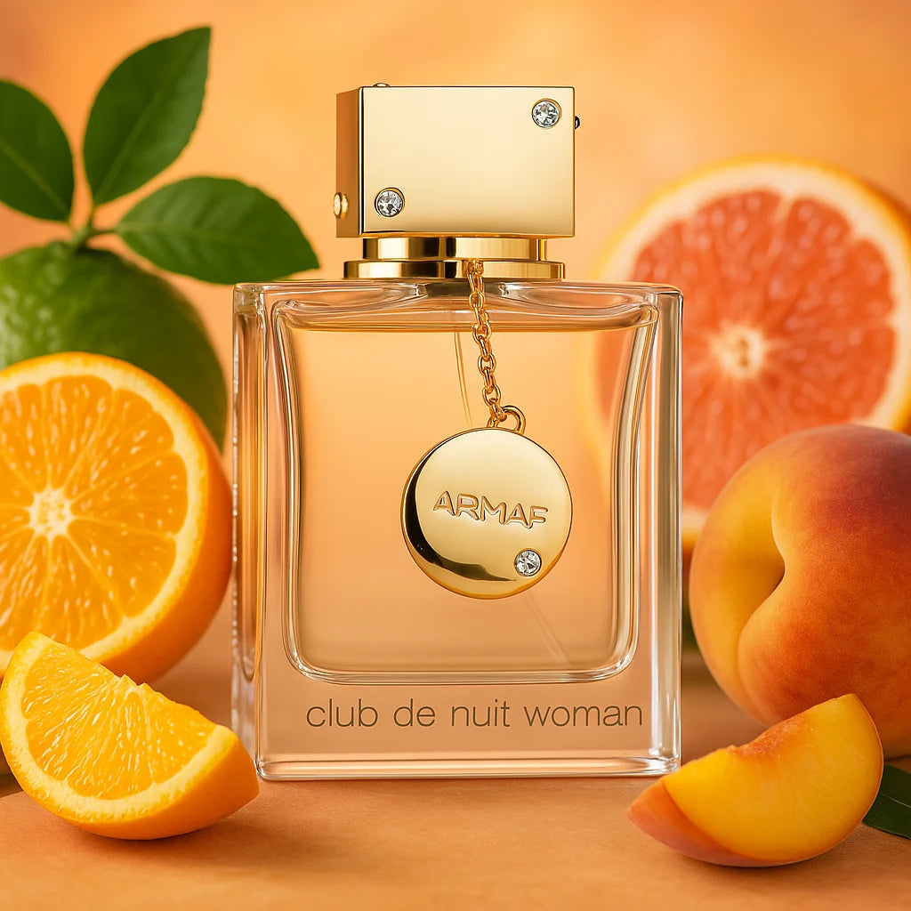 Club de Nuit Woman Armaf Eau de Parfum Para Mujer con fondo de frutas