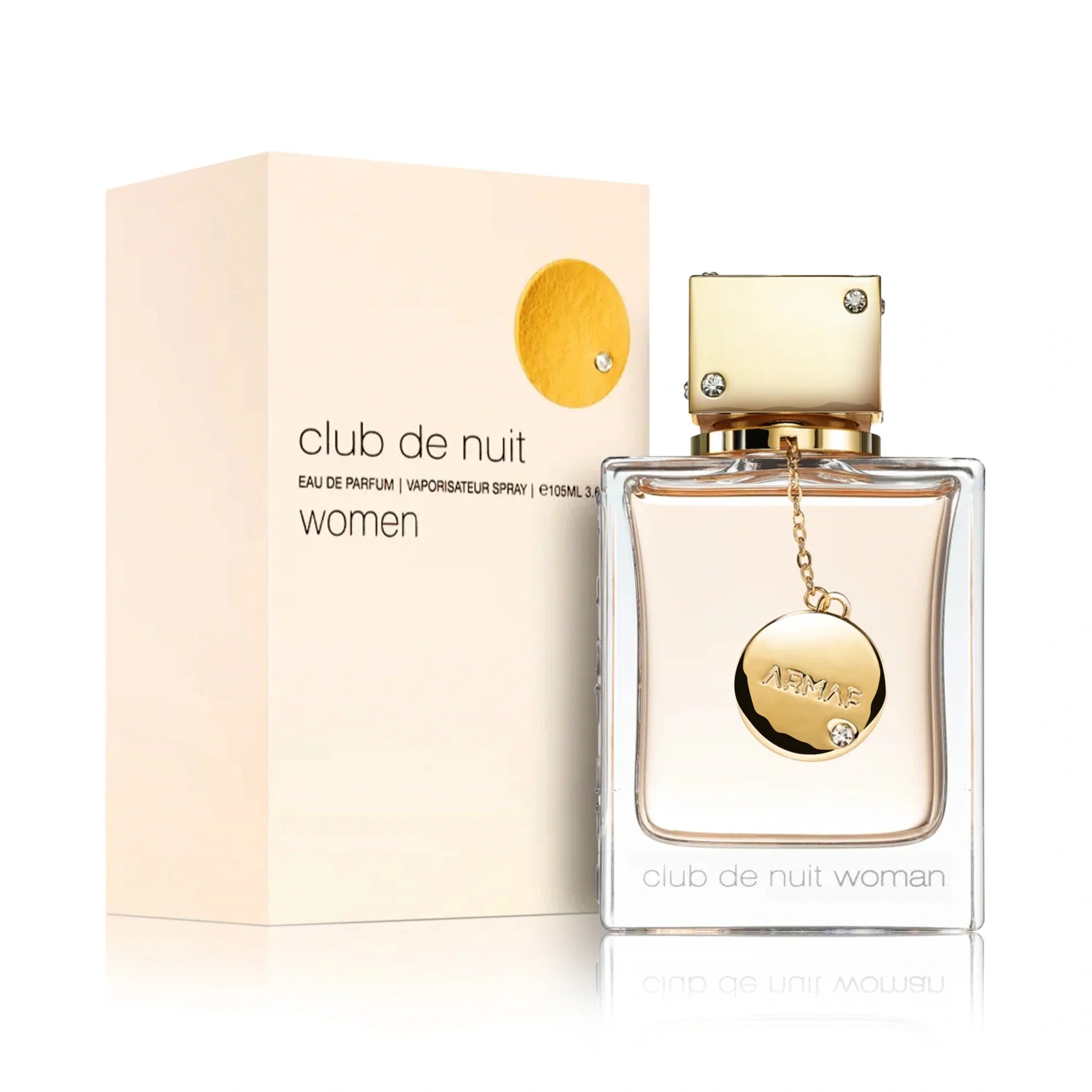 Foto frontal del Club de Nuit Woman Armaf Eau de Parfum Para Mujer con fondo blanco y su caja