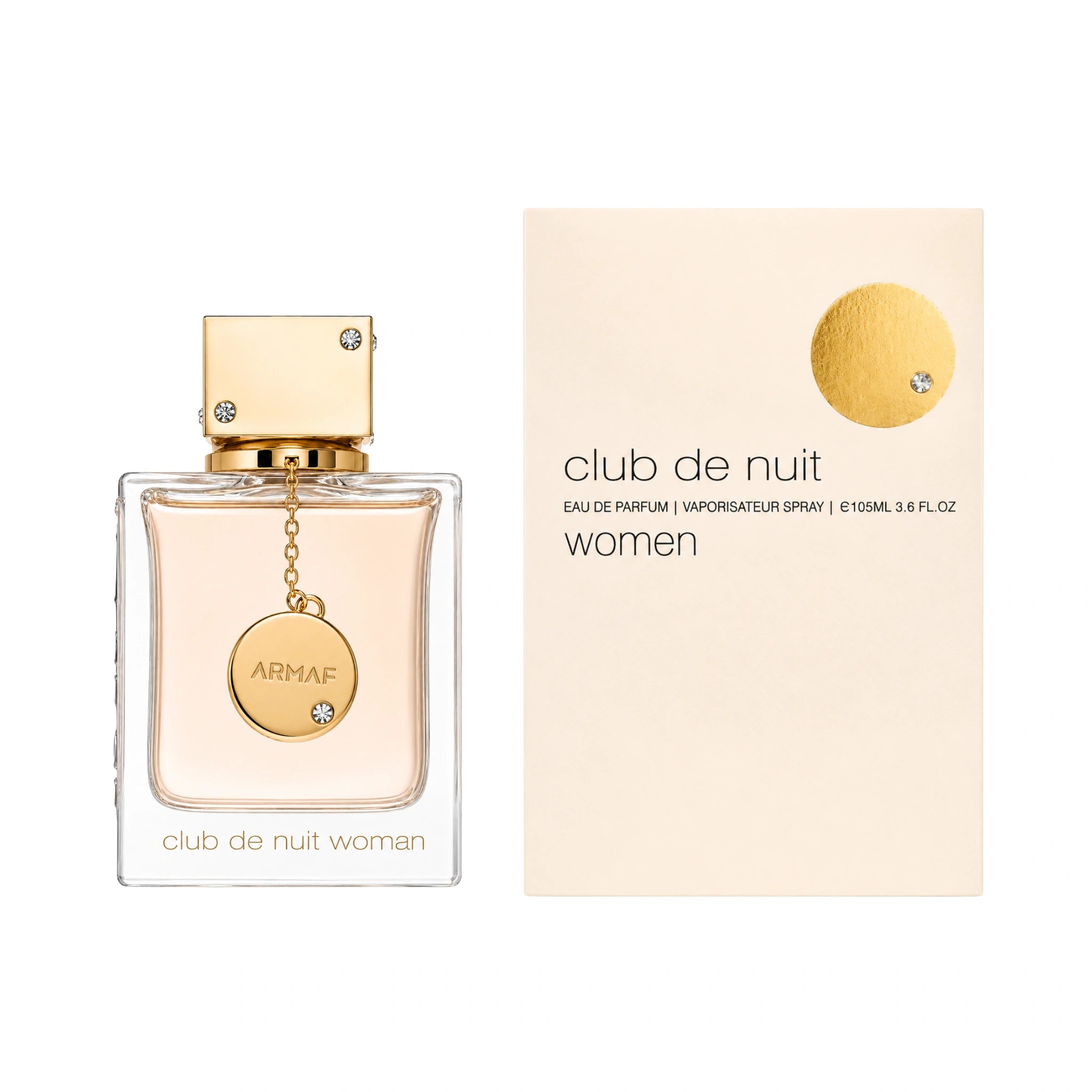 Foto frontal del Club de Nuit Woman Armaf Eau de Parfum Para Mujer con fondo blanco y su caja