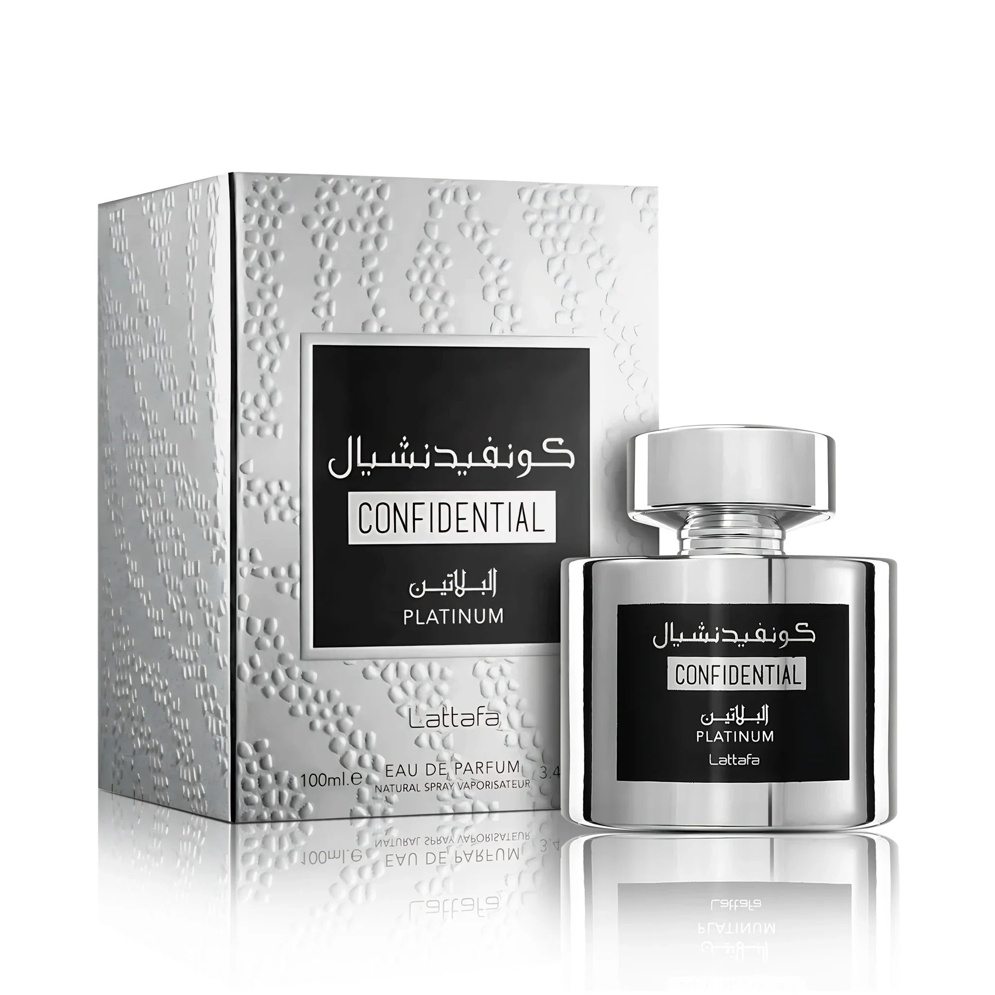 Frasco y caja del Confidential Platinum Lattafa Eau de Parfum Para Hombre