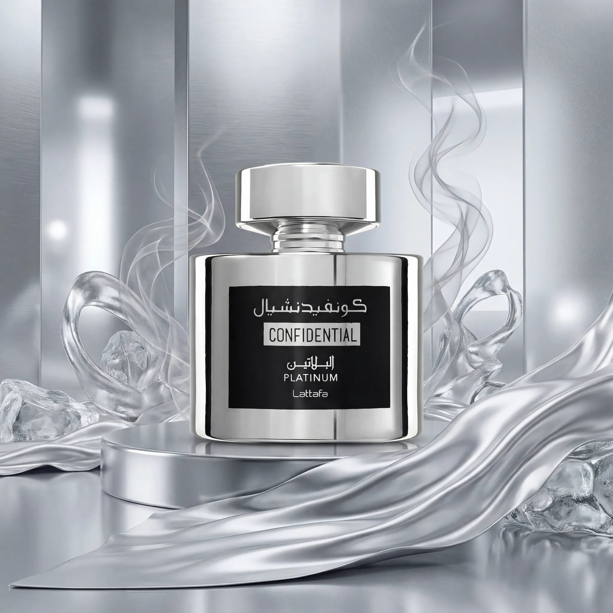 Confidential Platinum Lattafa Eau de Parfum Para Hombre con fondo creativo plateado