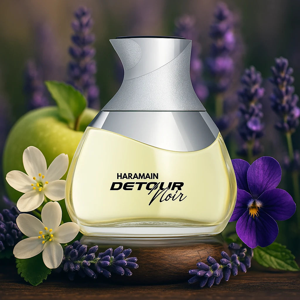 Détour Noir Al Haramain Eau de Parfum Para Hombre con fondo de flores