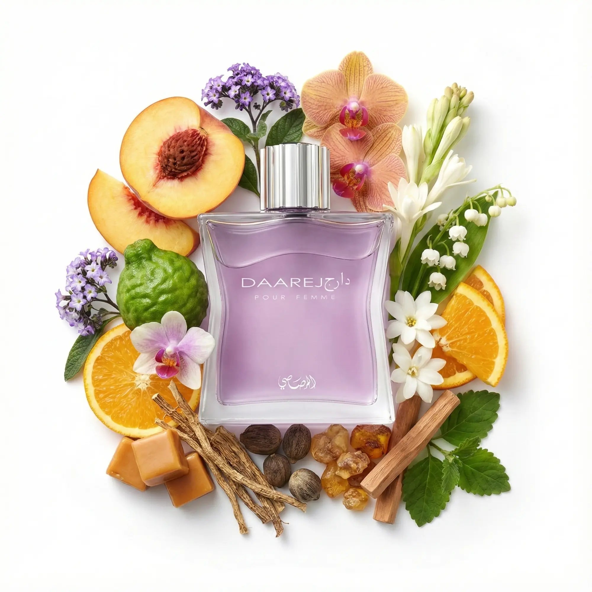 Daarej_Pour_Femme_Rasasi_Eau_de_Parfum_Para_Mujer_Fondo_Blanco_Nardo_Naranja