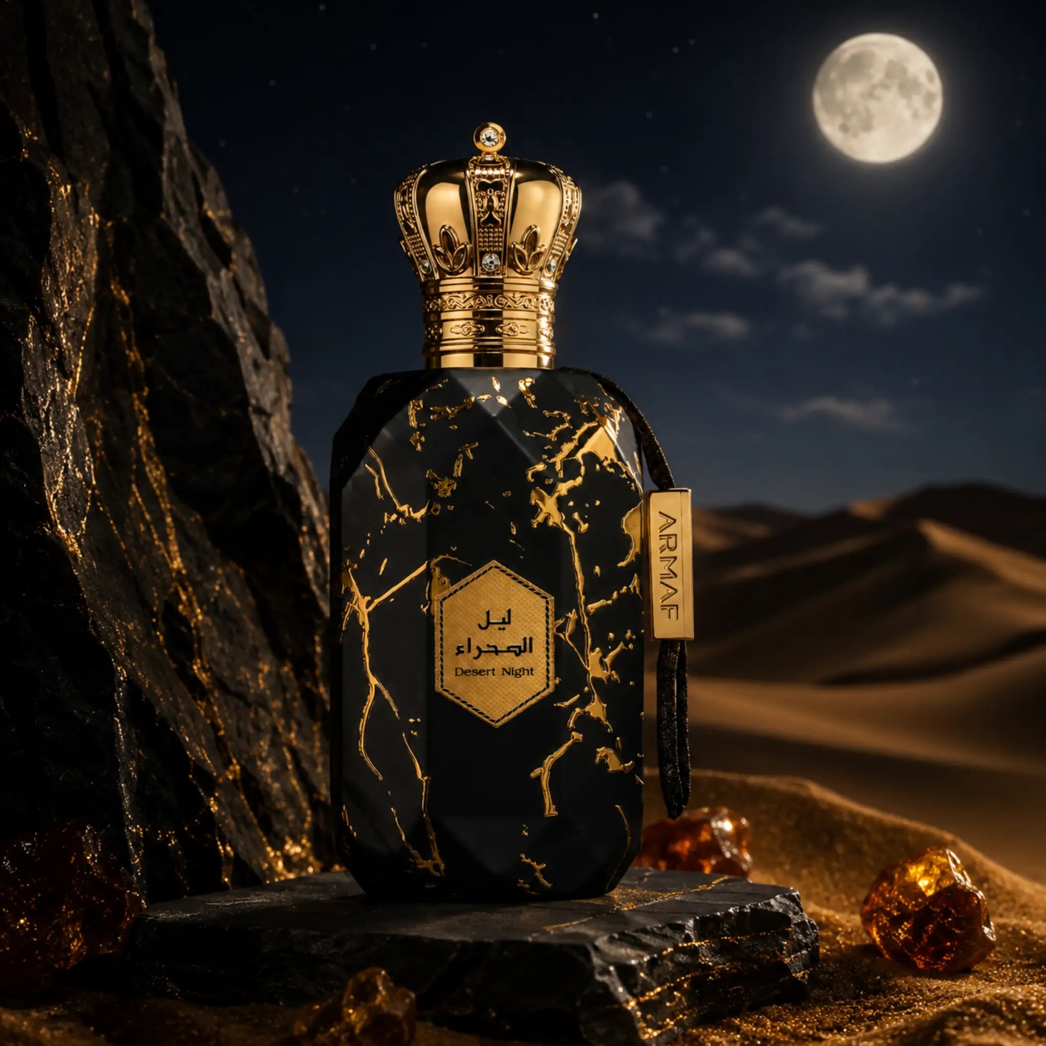 Desert Night Armaf Eau de Parfum botella y fondo de noche