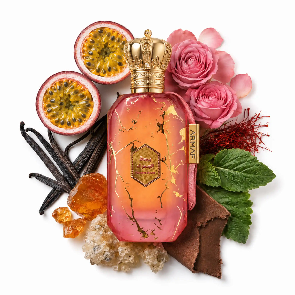 Ingredientes y botella de Desert Rose Armaf Eau de Parfum