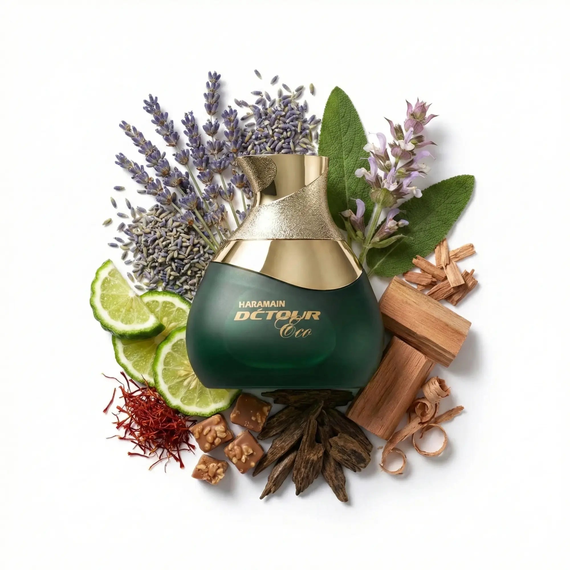 Detour Eco Al Haramain Eau de Parfum Unisex con fondo de ingredientes