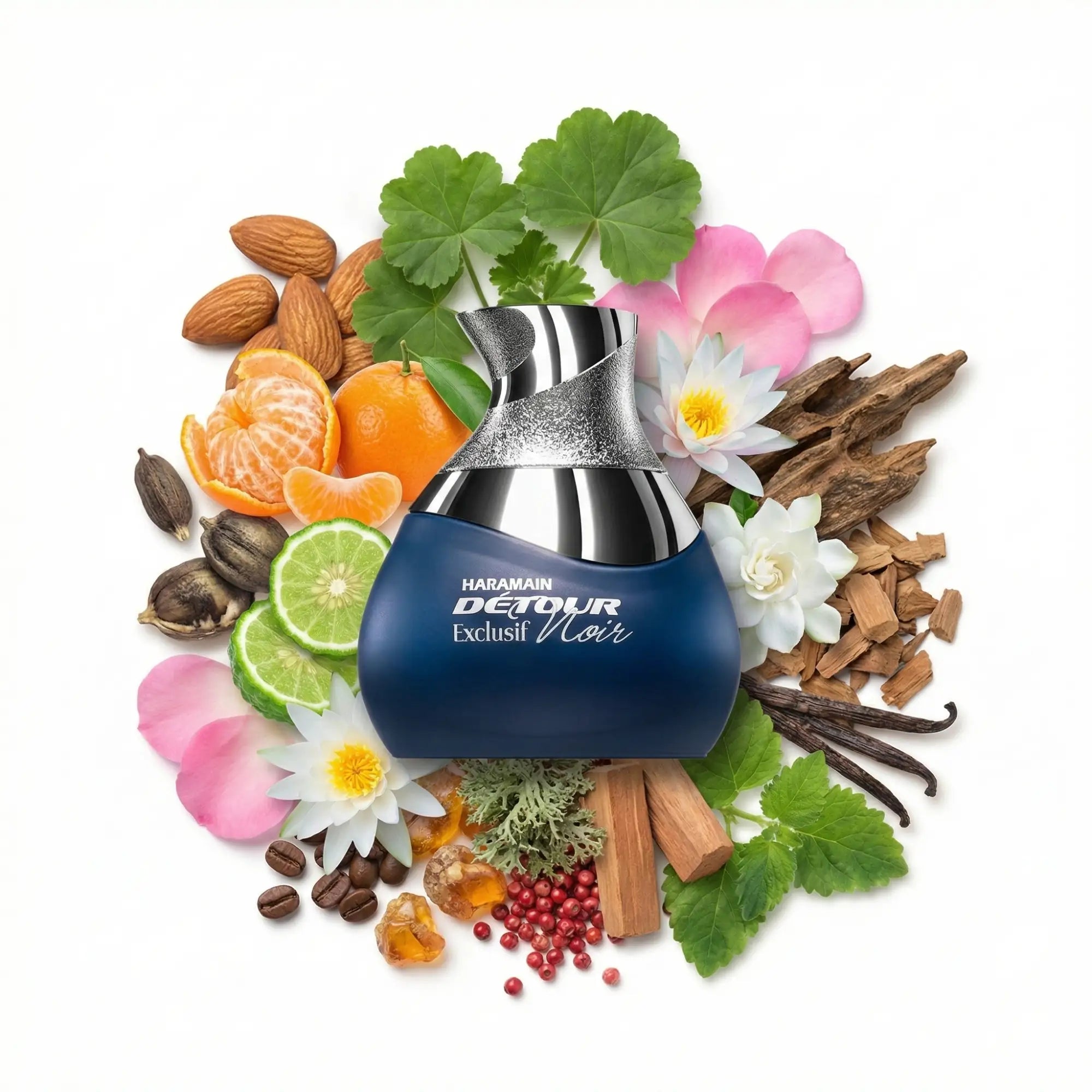 Detour Noir Exclusif Al Haramain Eau de Parfum Unisex con fondo de ingredientes