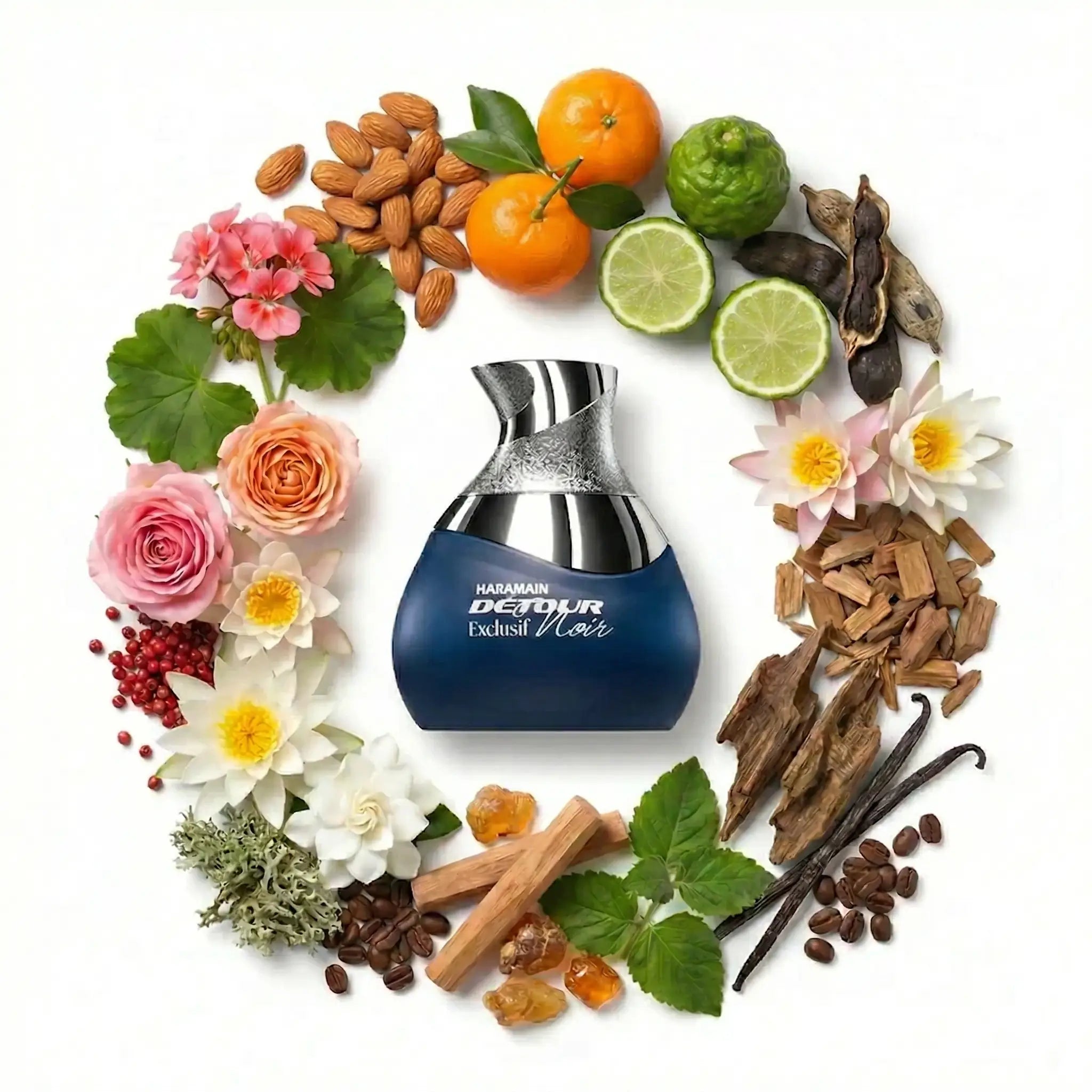 Detour Noir Exclusif Al Haramain Eau de Parfum Unisex con fondo de ingredientes