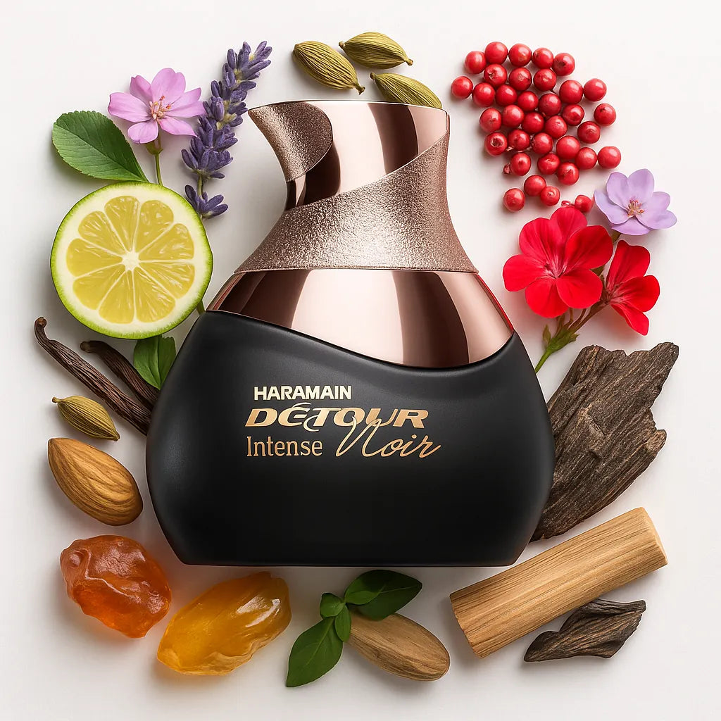 Detour Noir Intense Al Haramain Eau de Parfum Para Hombre con fondo de ingredientes