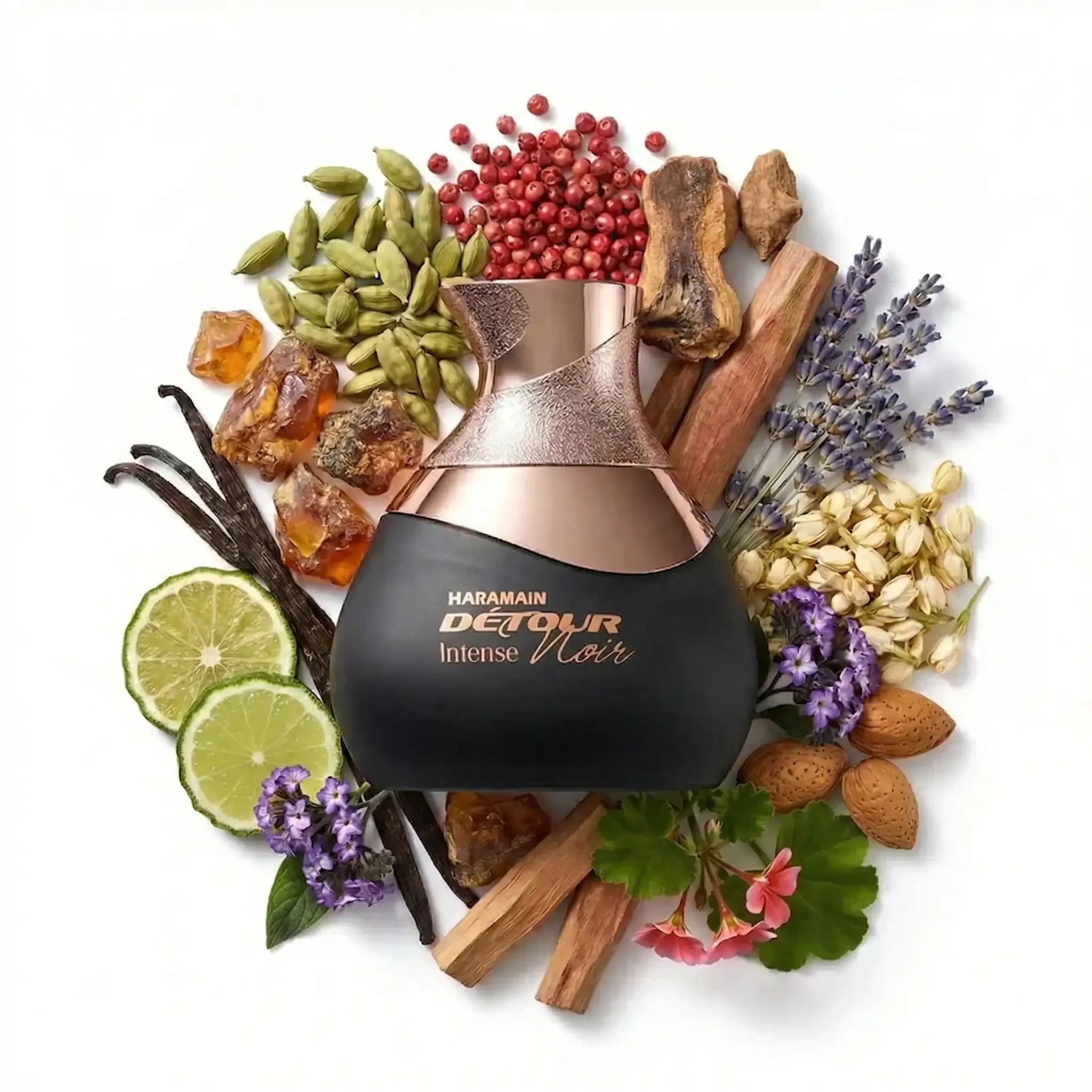 Detour Noir Intense Al Haramain Eau de Parfum Para Hombre con fondo de ingredientes