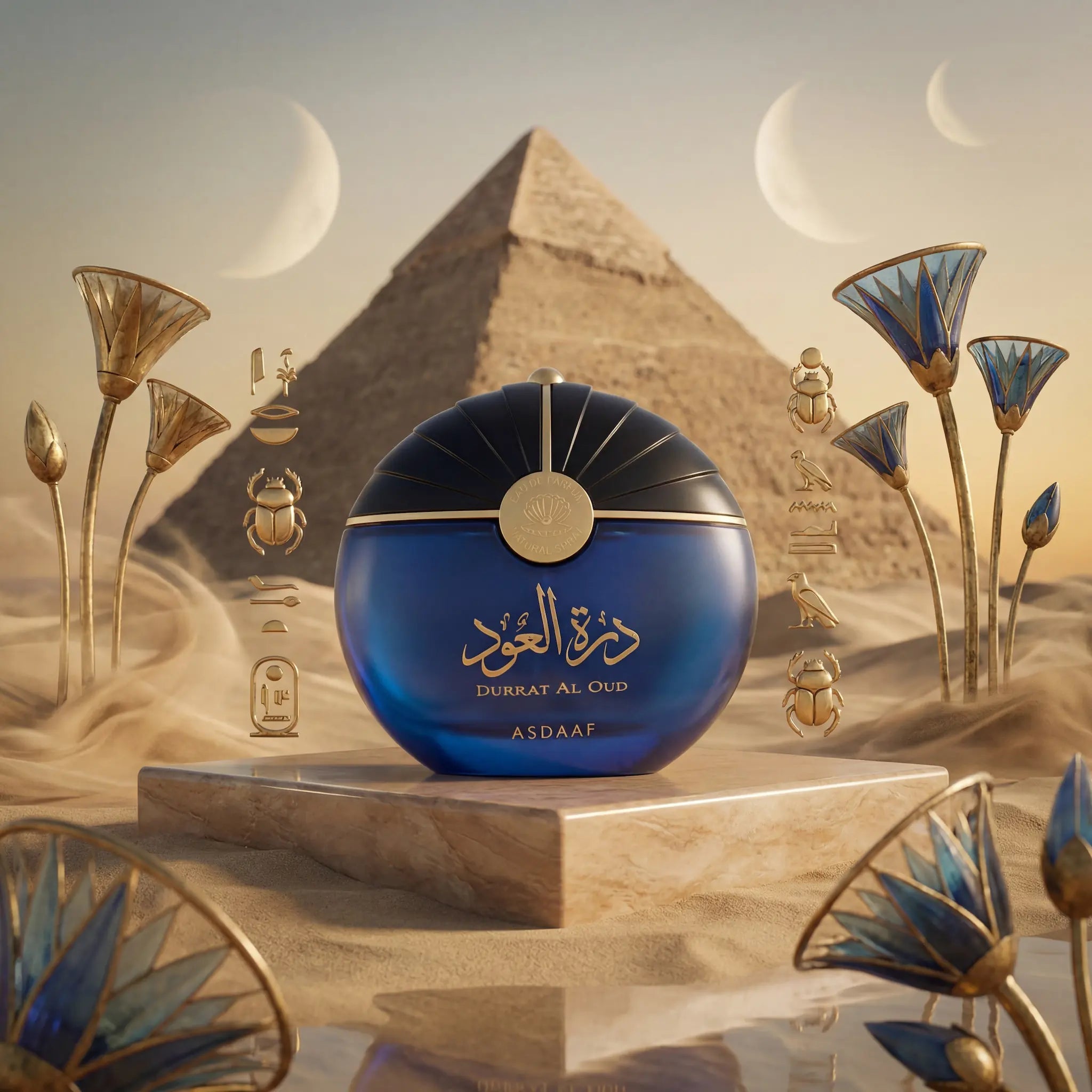 Durrat Al Oud Asdaaf Eau de Parfum Unisex con fondo creativo desértico