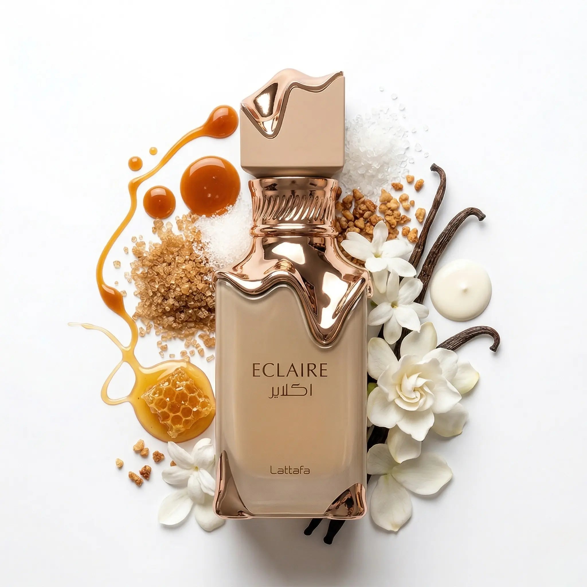 Eclaire_Lattafa_Eau_de_Parfum_Para_Mujer_Fondo_Blanco_Azucar_Leche_Caramelo_Flores