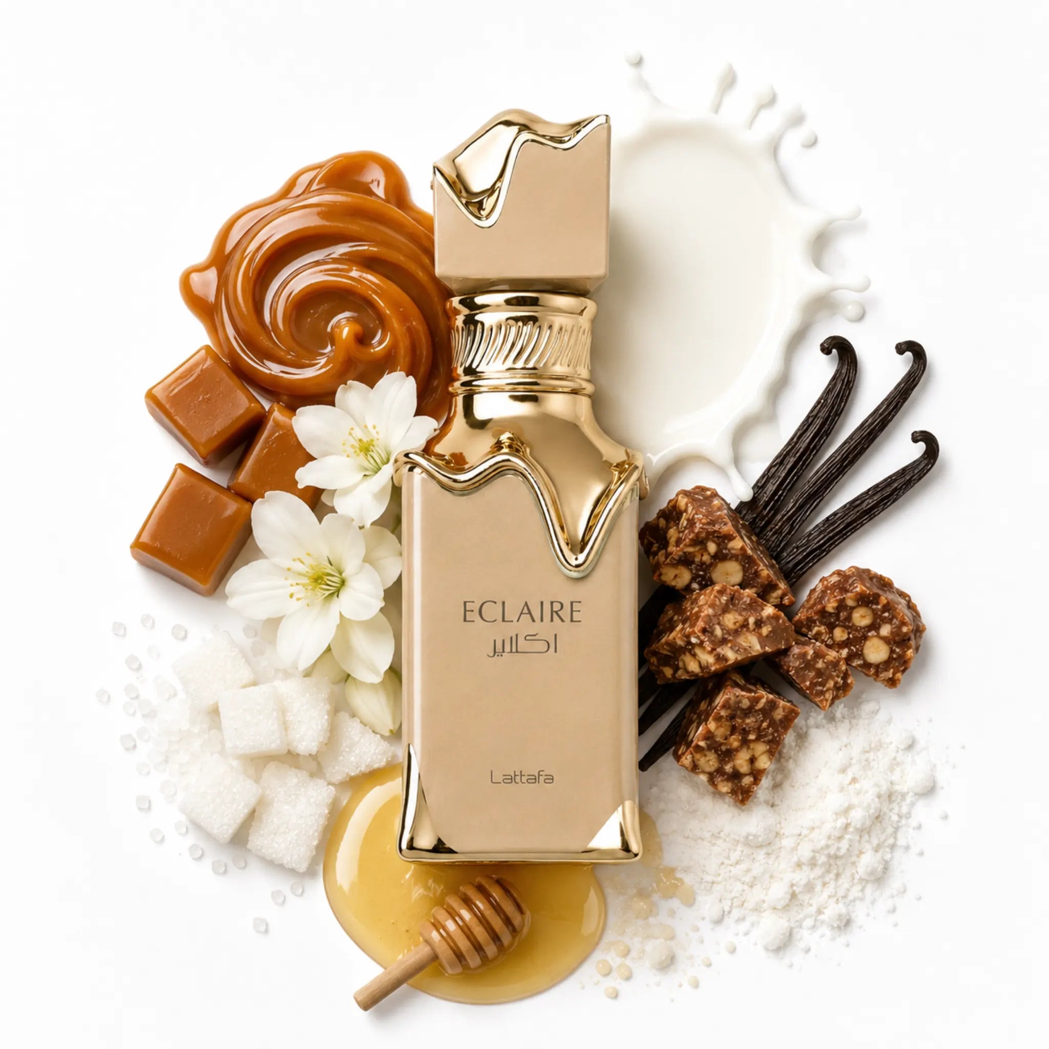 Eclaire_Lattafa_Eau_de_Parfum_Para_Mujer_Fondo_Blanco_Azucar_Leche_Caramelo_Flores