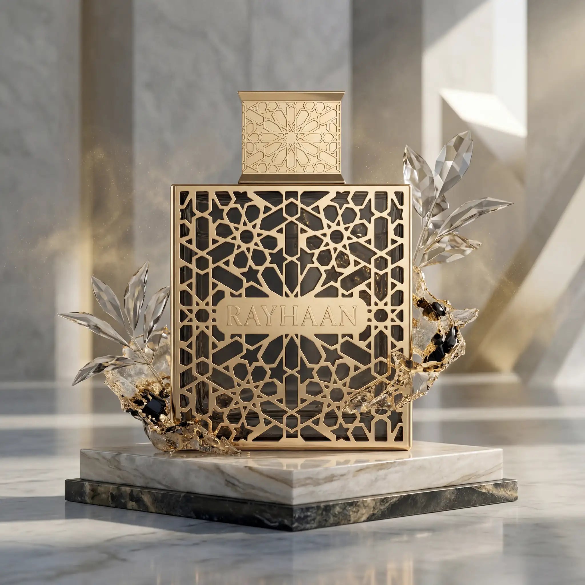 Elixir Rayhaan Eau de Parfum Para Hombre con fondo dorado