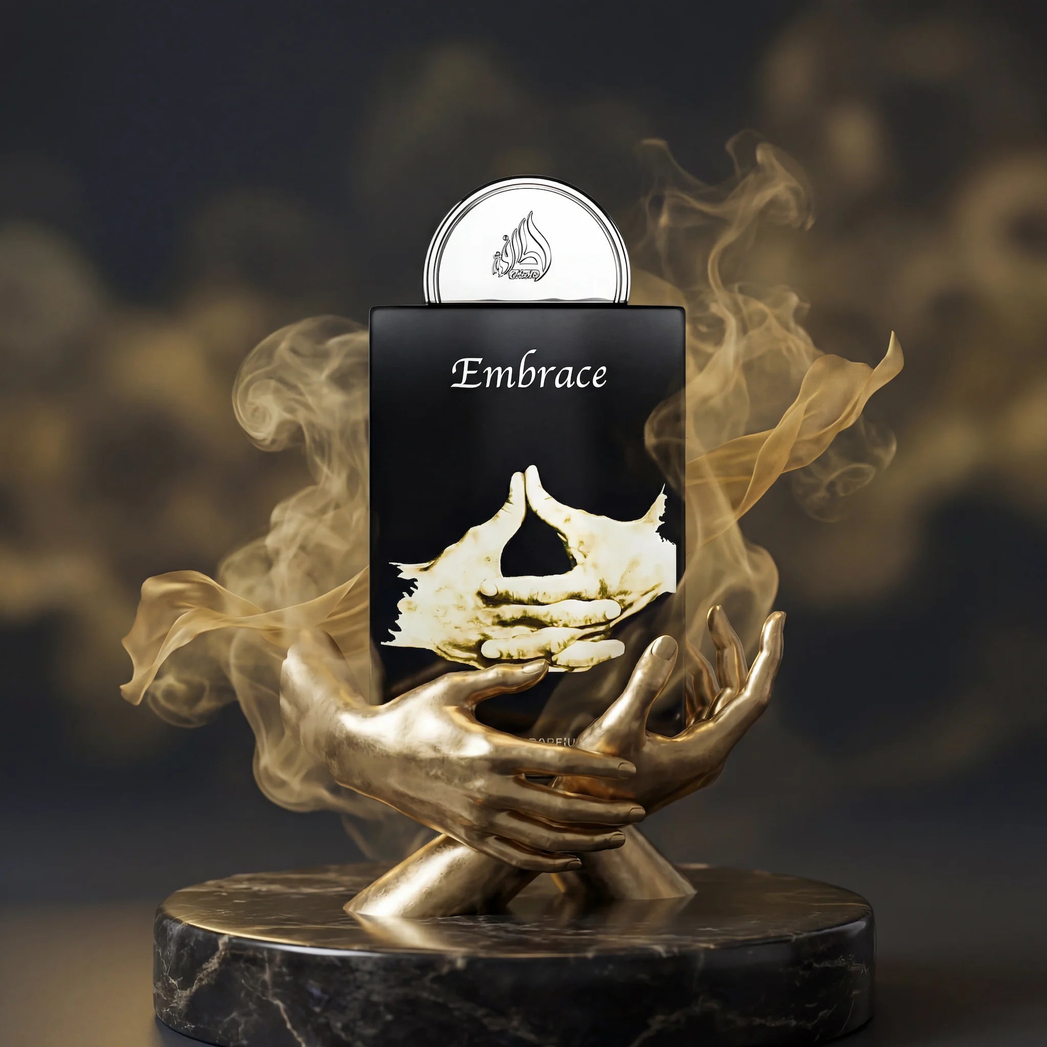Embrace Lattafa Eau de Parfum Unisex con fondo creativo de manos ancestrales