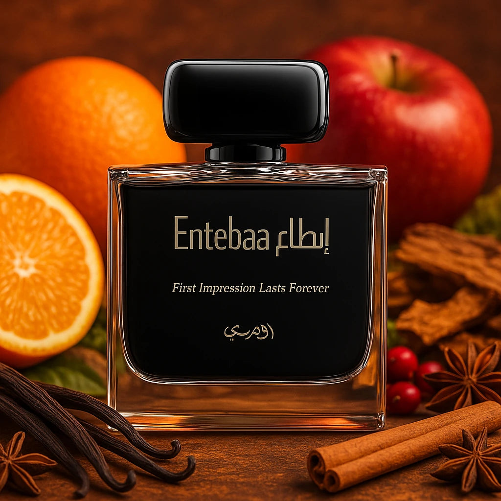 Entebaa Rasasi Eau de Parfum Para Hombre con fondo de manzana y canela